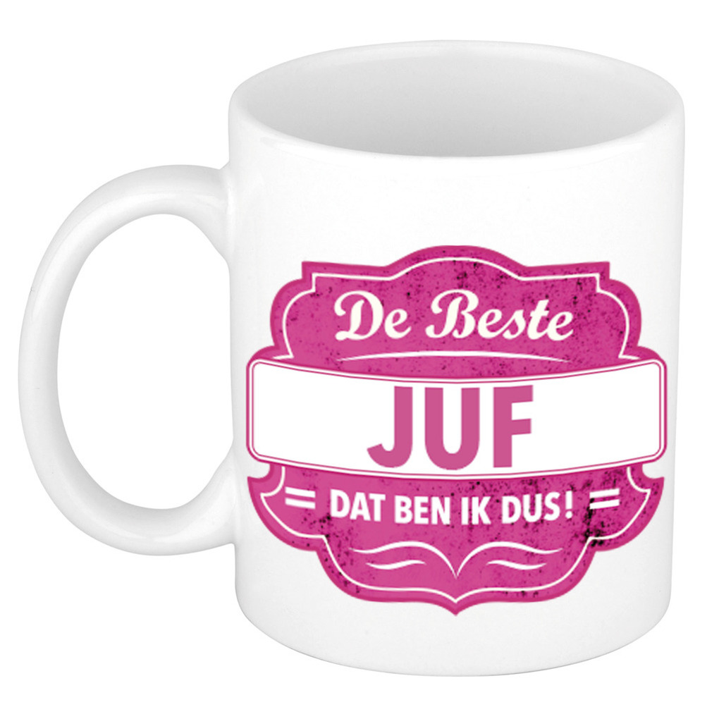 De beste juf cadeau koffiemok-theebeker roze embleem 300 ml