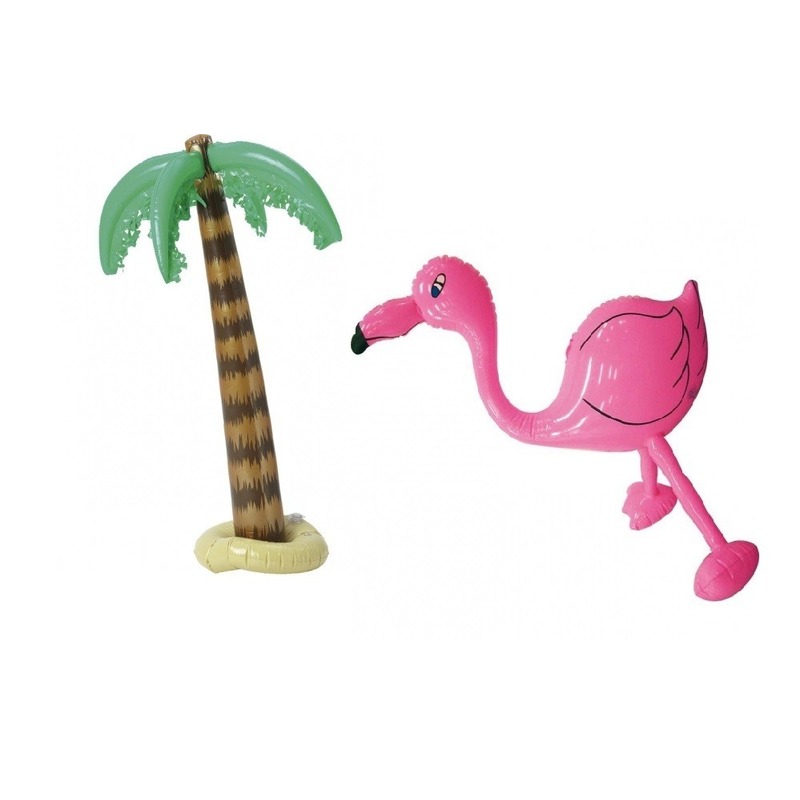 Decoratie set palmboom en flamingo opblaasbaar