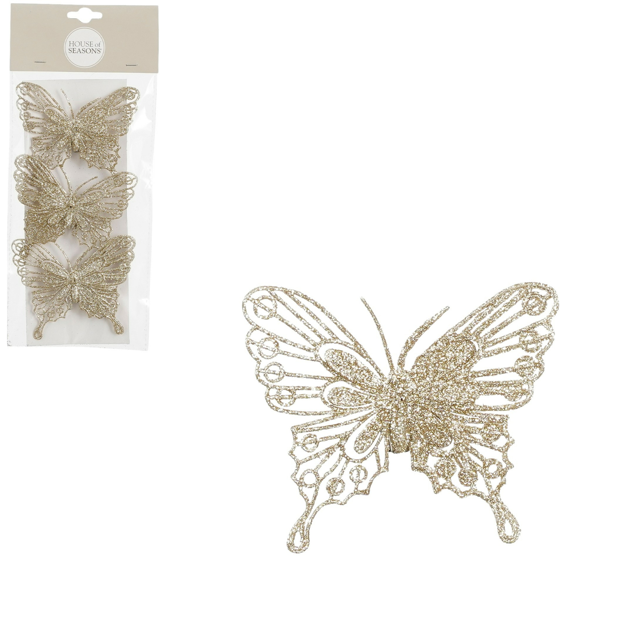 Decoratie vlinders op clip 3x stuks champagne 10 cm kunststof