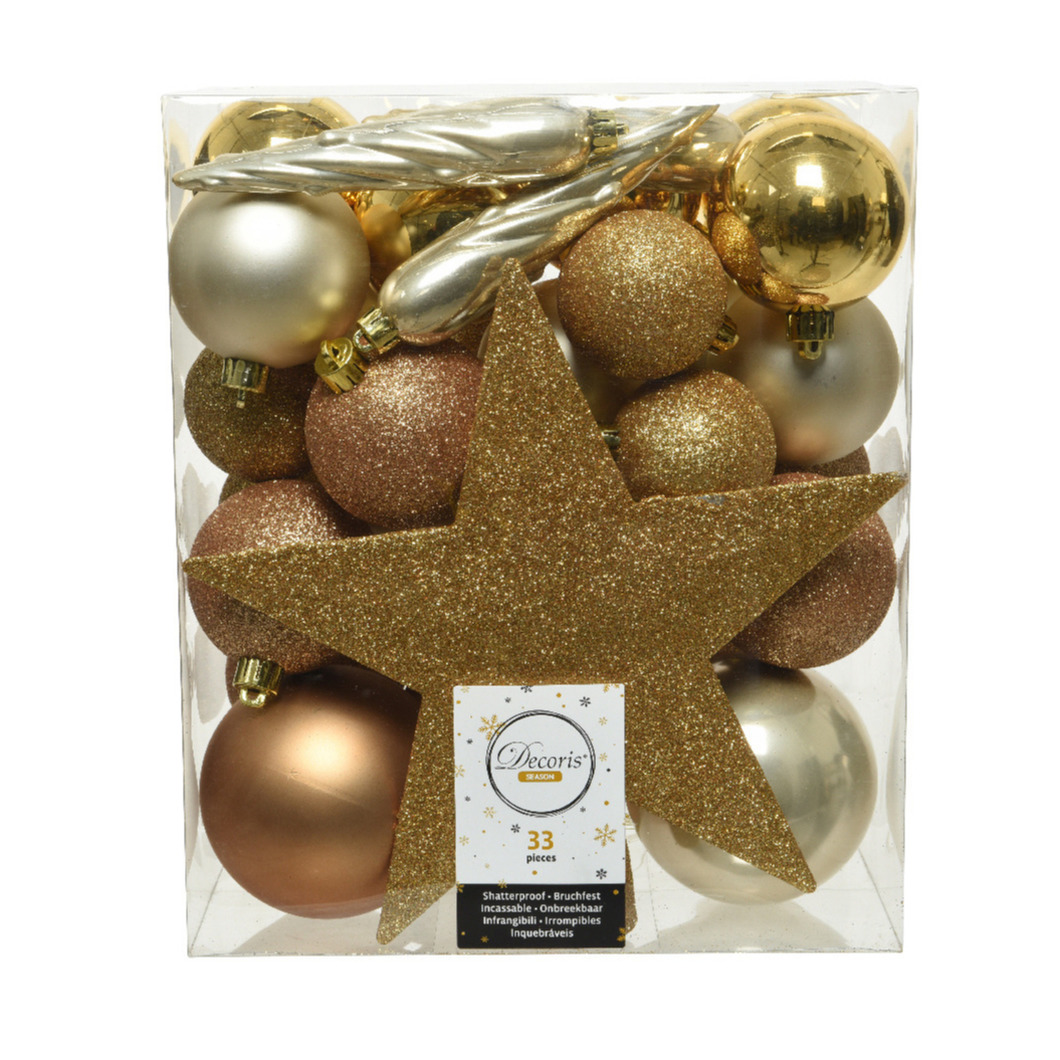 Decoris kerstballen 33x st incl. ster piek goud-champagne-bruin kunststof
