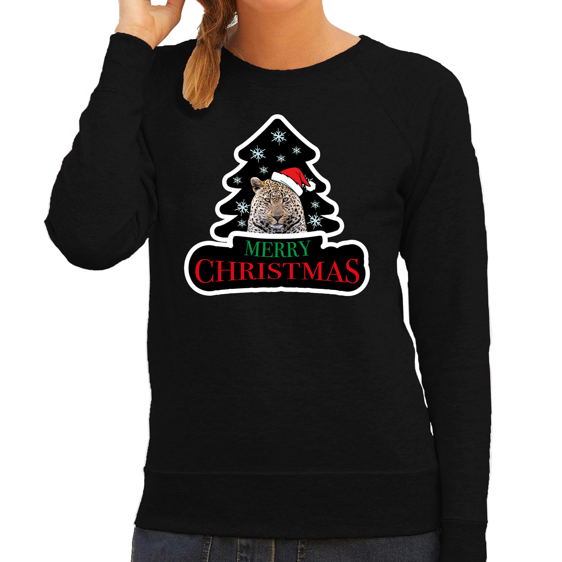 Dieren kersttrui luipaard zwart dames Foute luipaarden kerstsweater