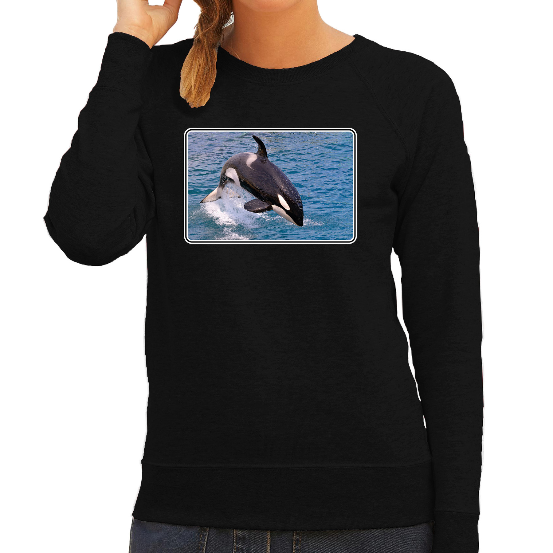 Dieren sweater / trui met orka walvissen foto zwart voor dames