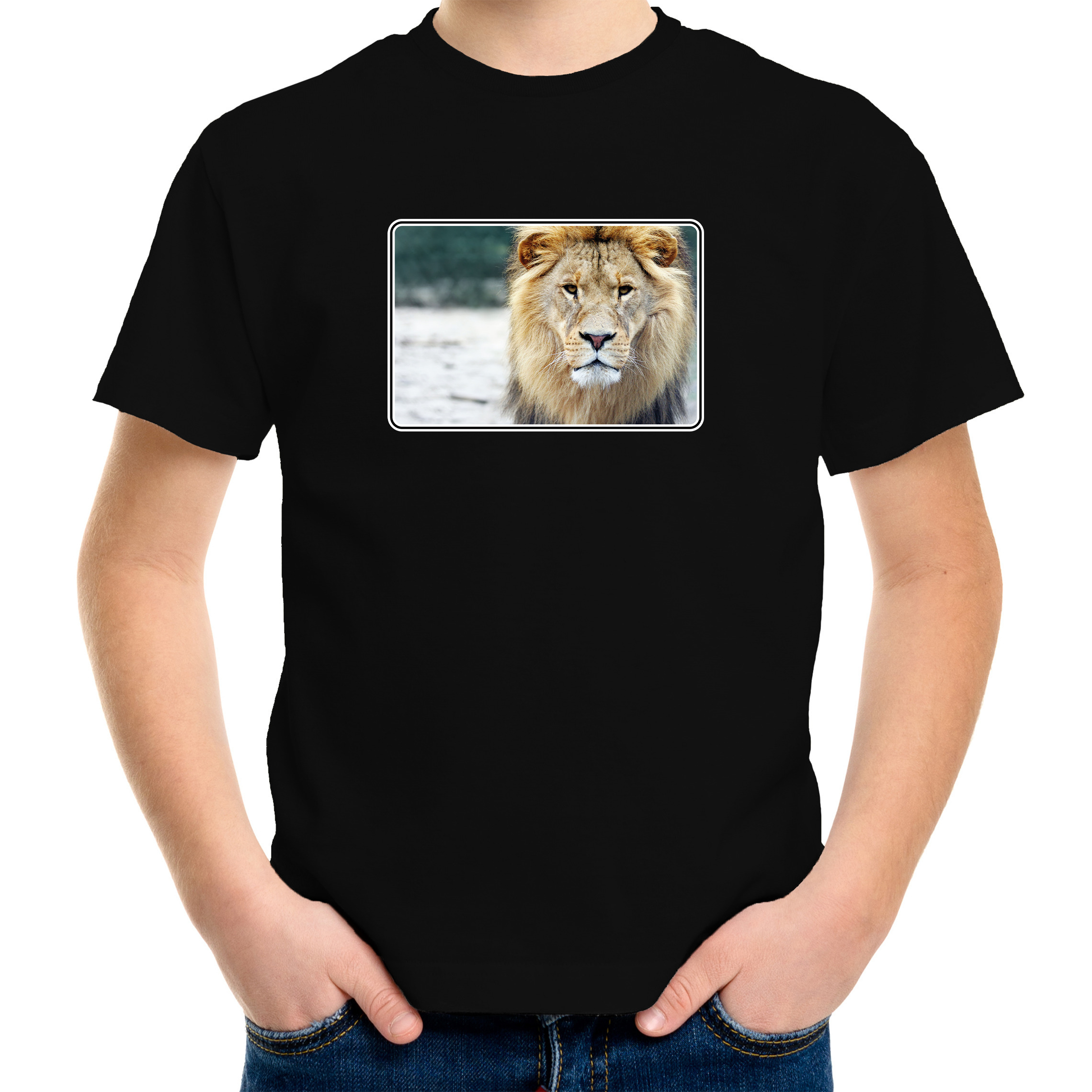 Dieren t-shirt met leeuwen foto zwart voor kinderen