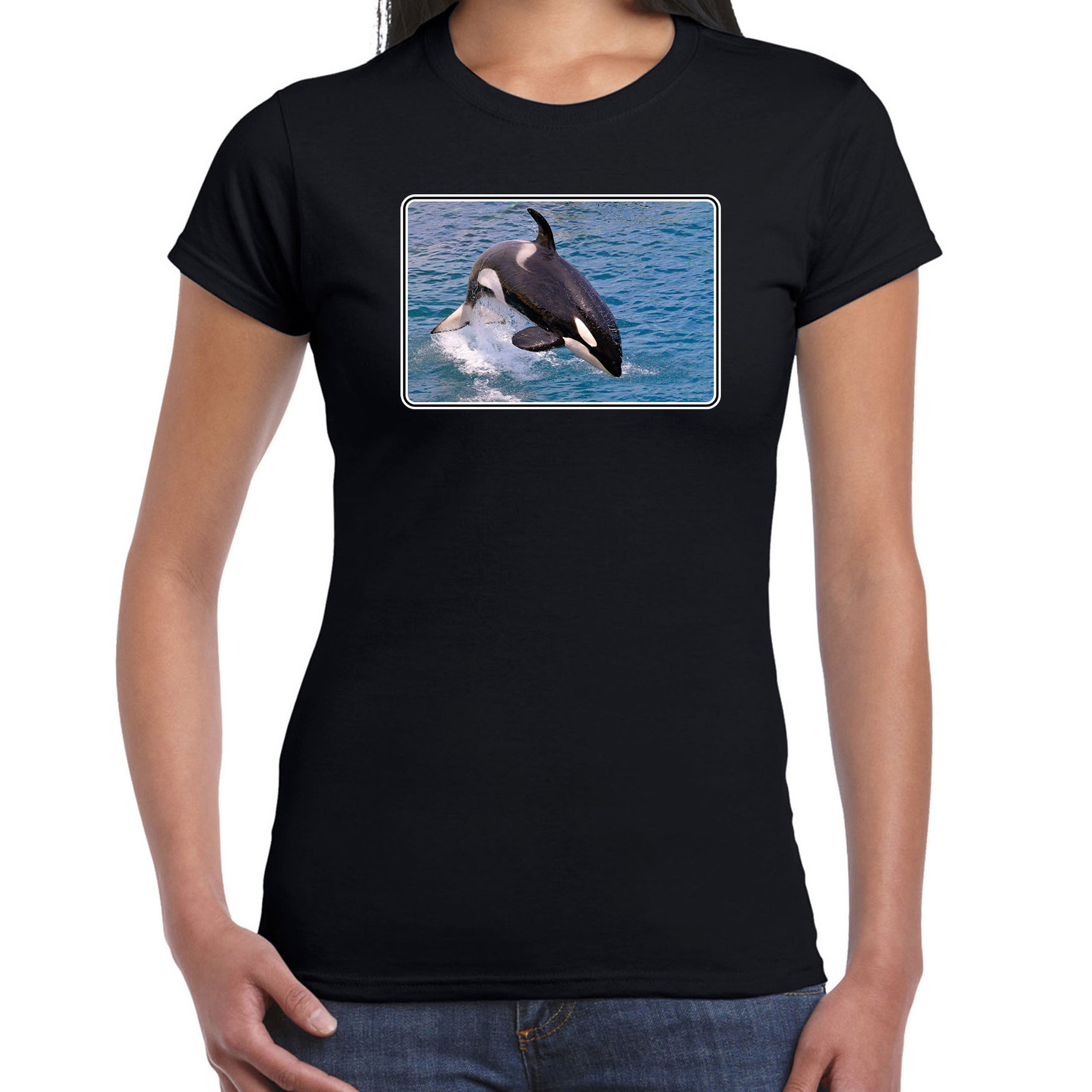 Dieren t-shirt met orka walvissen foto zwart voor dames