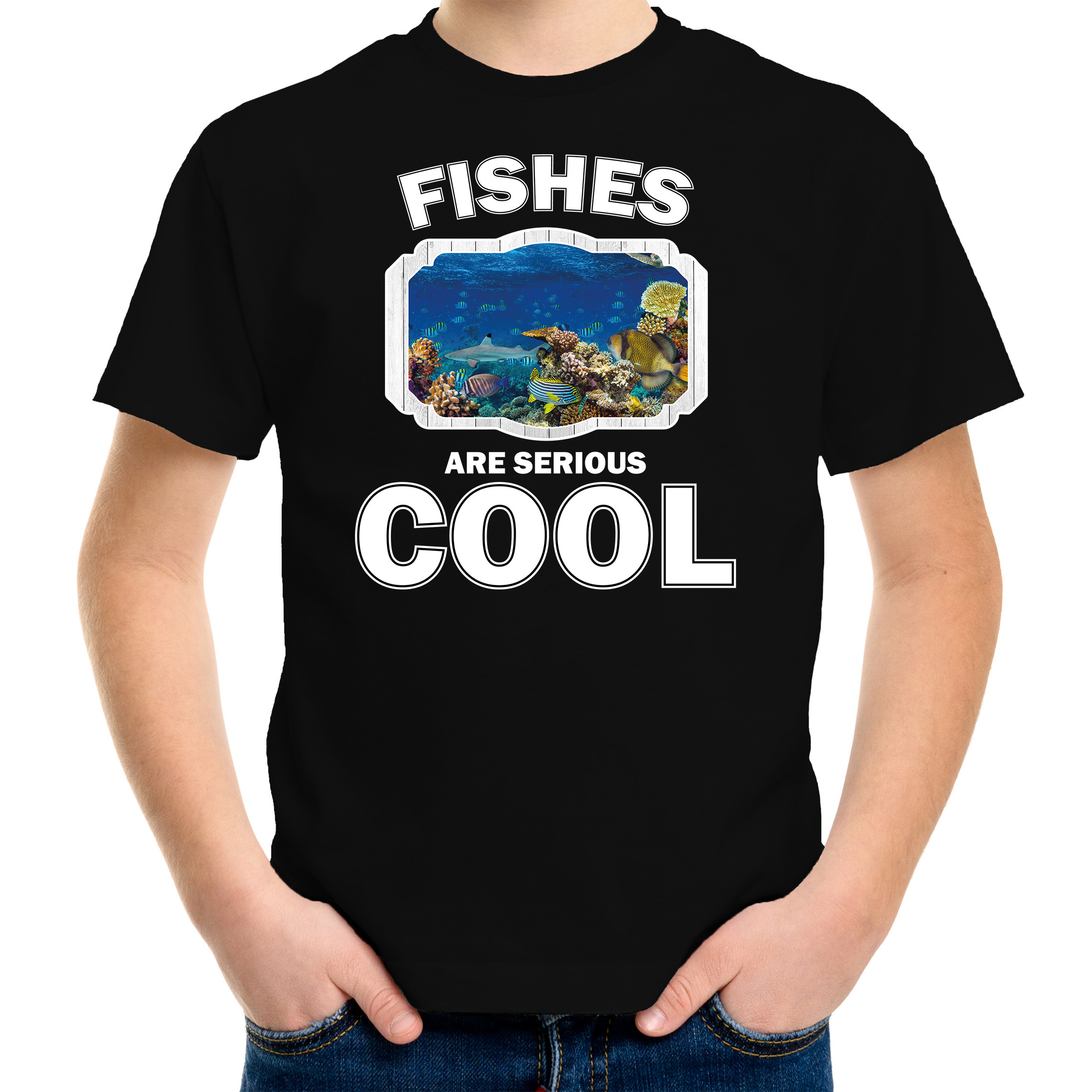 Dieren vis t-shirt zwart kinderen fishes are cool shirt jongens en meisjes