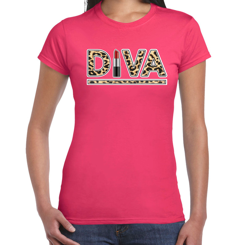 Diva lipstick fun tekst t-shirt voor dames roze met panter print