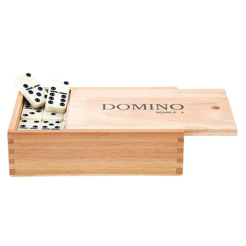 Domino spel dubbel-double 9 in houten doos 55x stenen