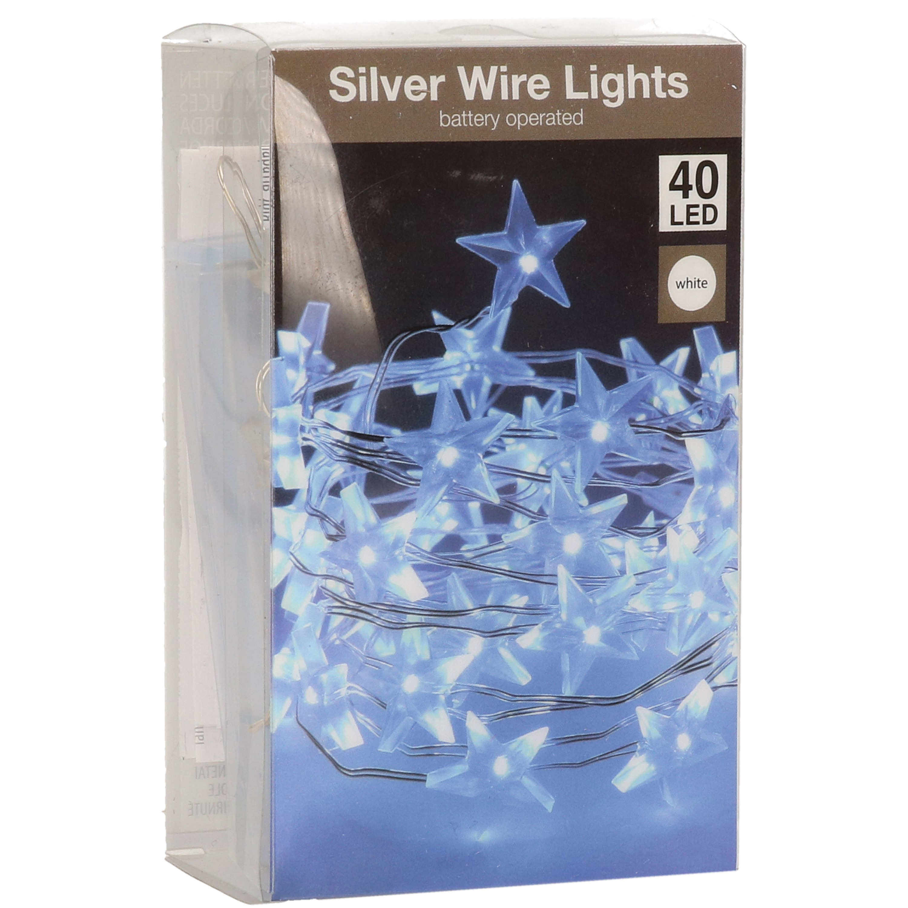 Draadverlichting sterren lampjes aan zilverdraad op batterij helder wit 40 lampjes 200 cm