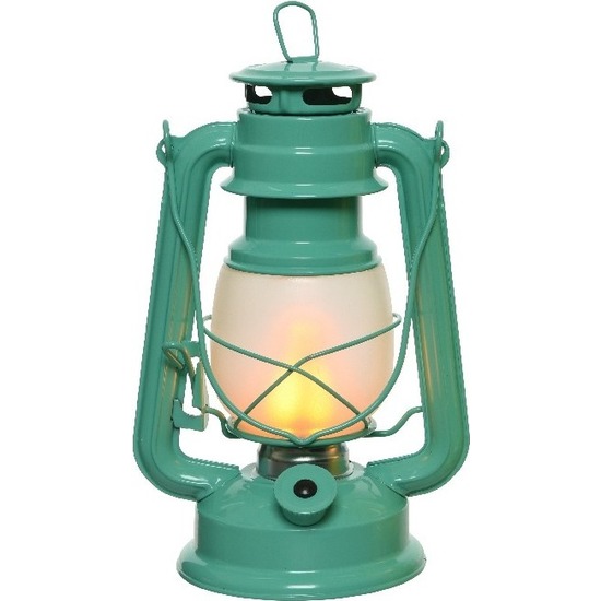 Draagbare turquoise blauwe lamp-lantaarn 24 cm met LED lampjes vlameffect verlichting