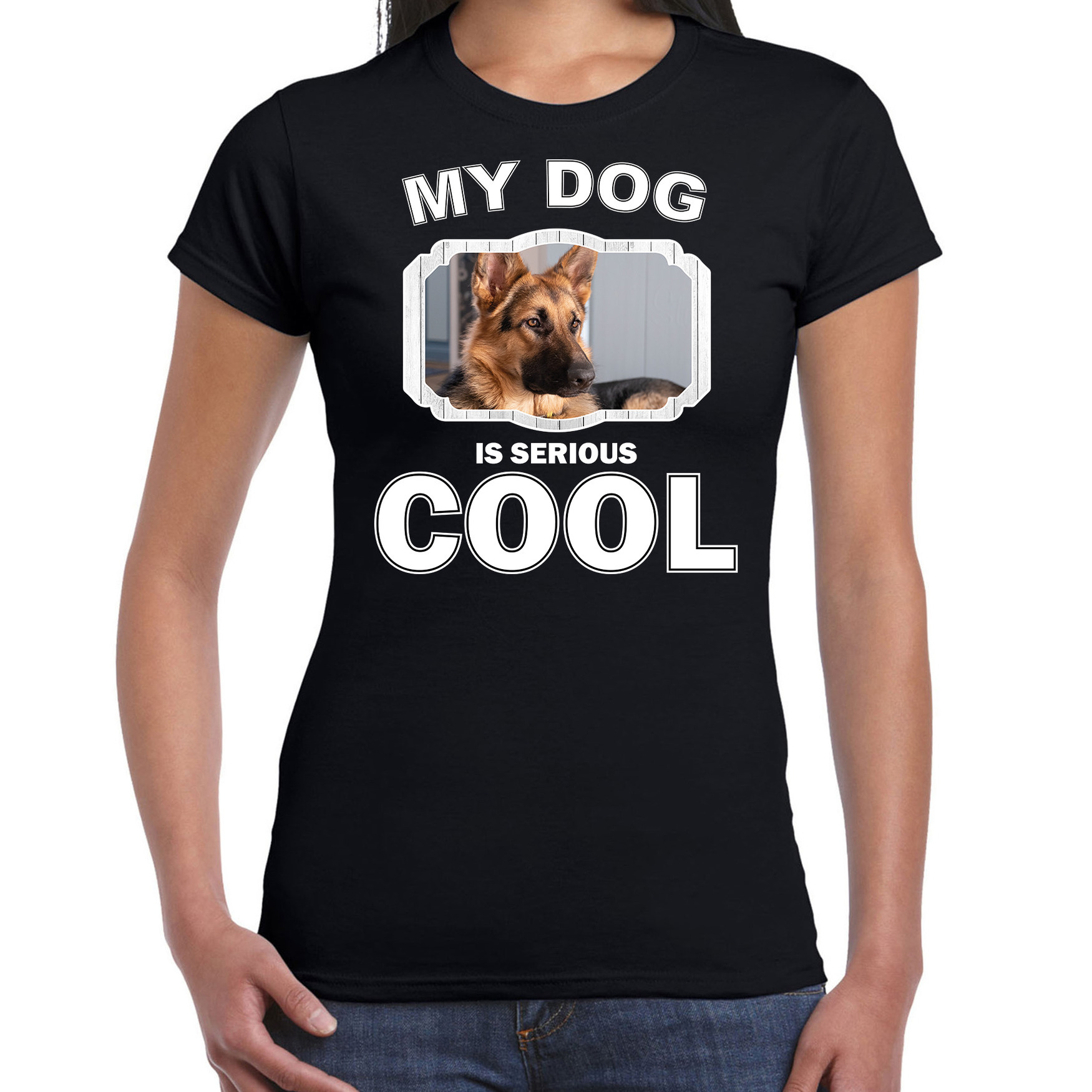 Duitse herder honden t-shirt my dog is serious cool zwart voor dames