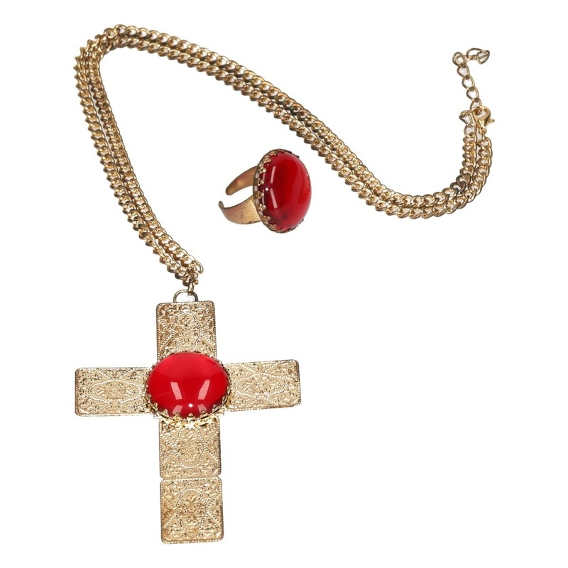 Feest Sinterklaasketting-Sinterklaasring verkleedaccessoire goud met kruis en rode stenen voor heren