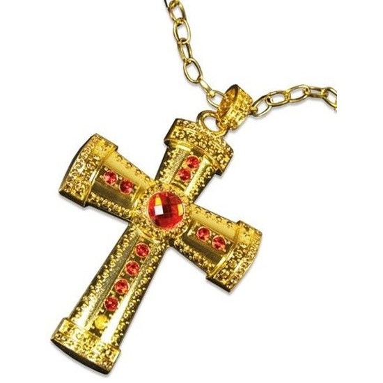 Feest Sinterklaasketting verkleedaccessoire goud met kruis en rode stenen voor heren