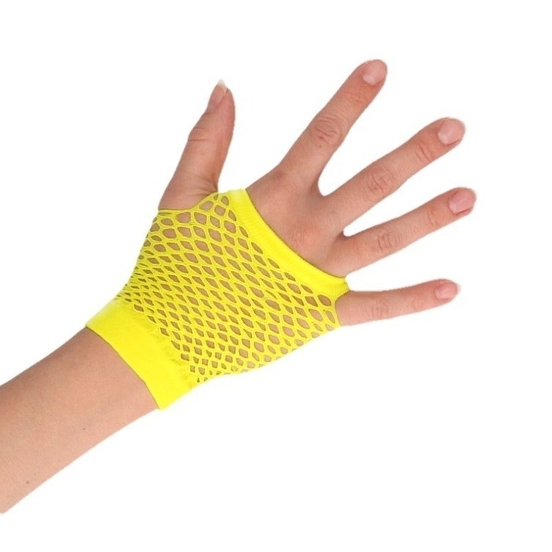 Feest visnet rocker-punker handschoenen geel kort voor volwassenen