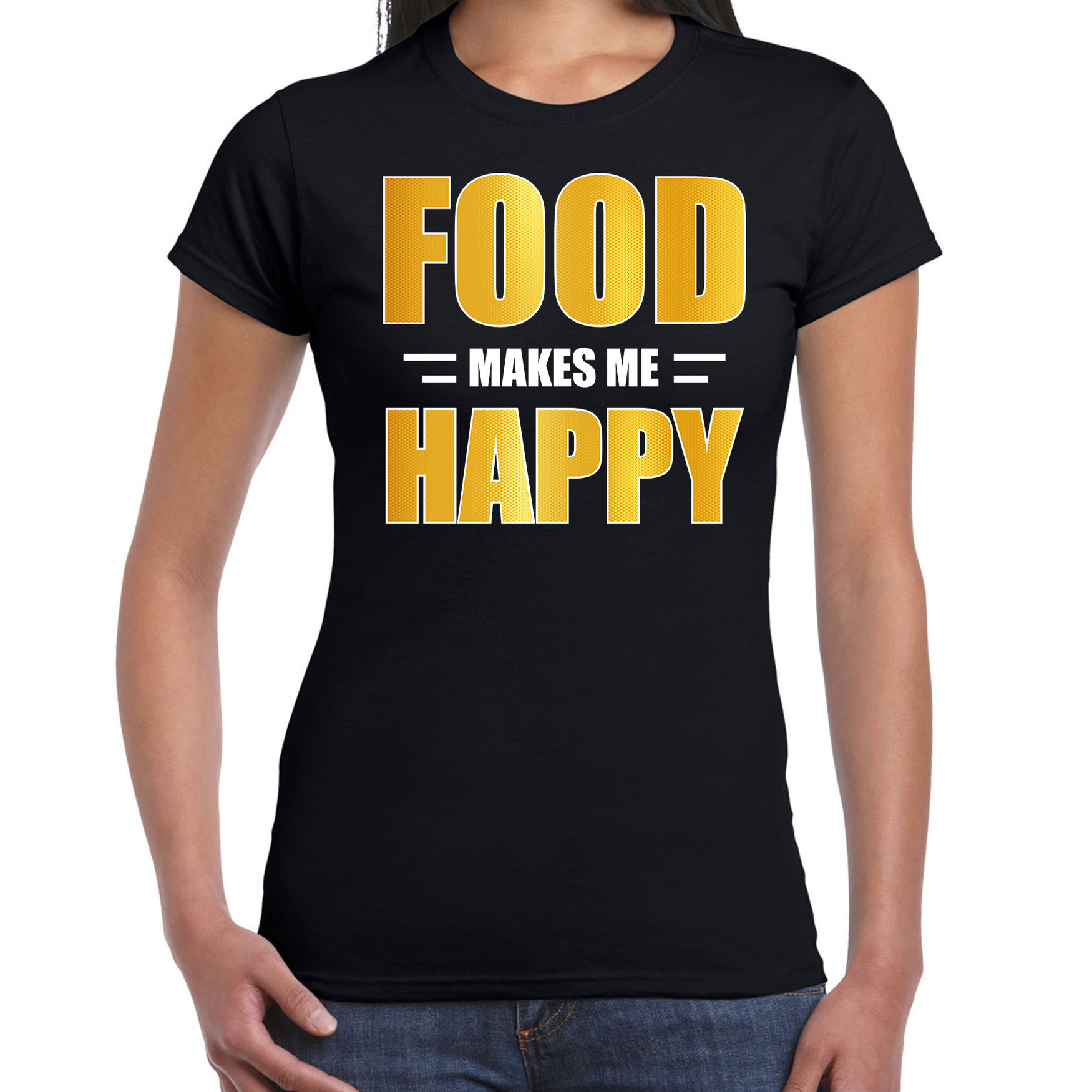 Food makes me happy t-shirt-kleding zwart voor dames