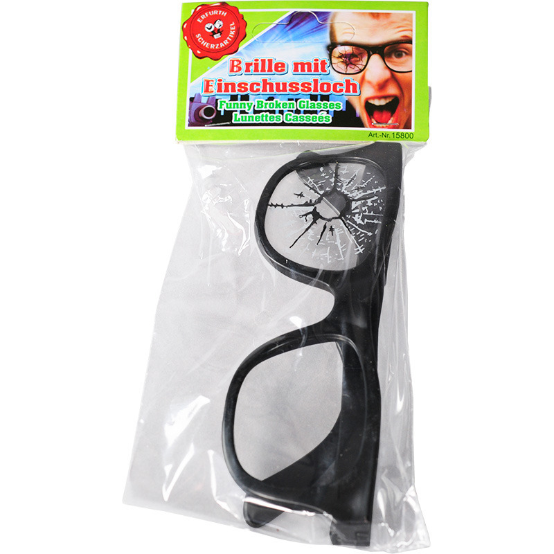 Fop bril met barst in glas zwart kunststof verkleedbrillen