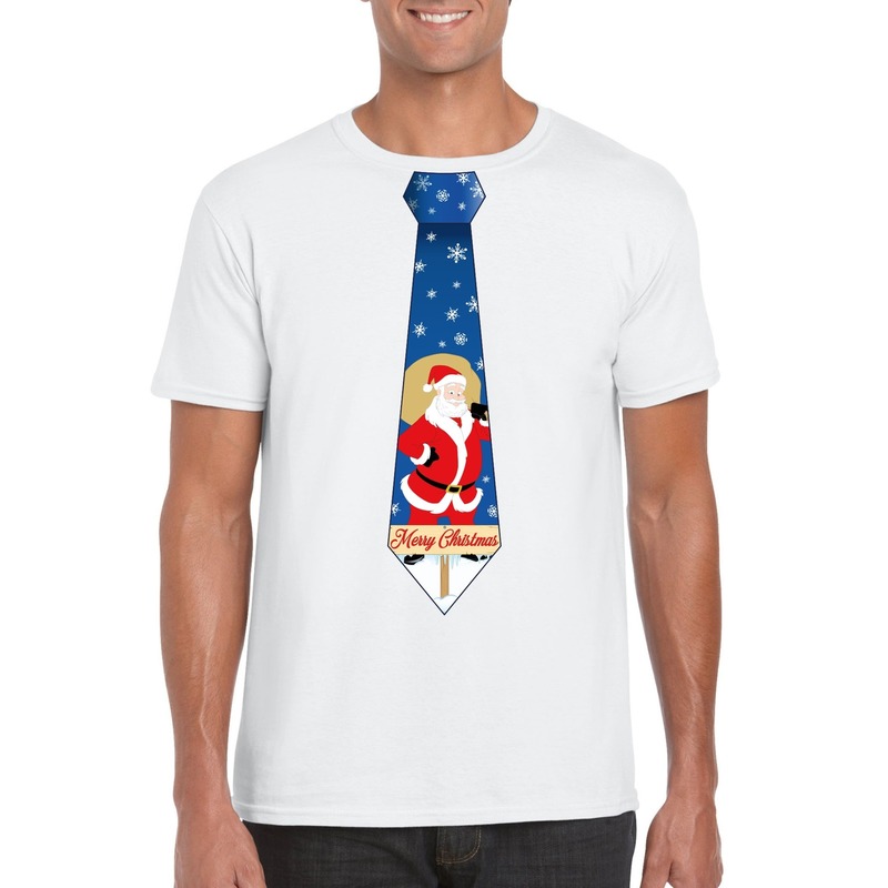 Foute Kerst t-shirt stropdas met kerstman print wit voor heren