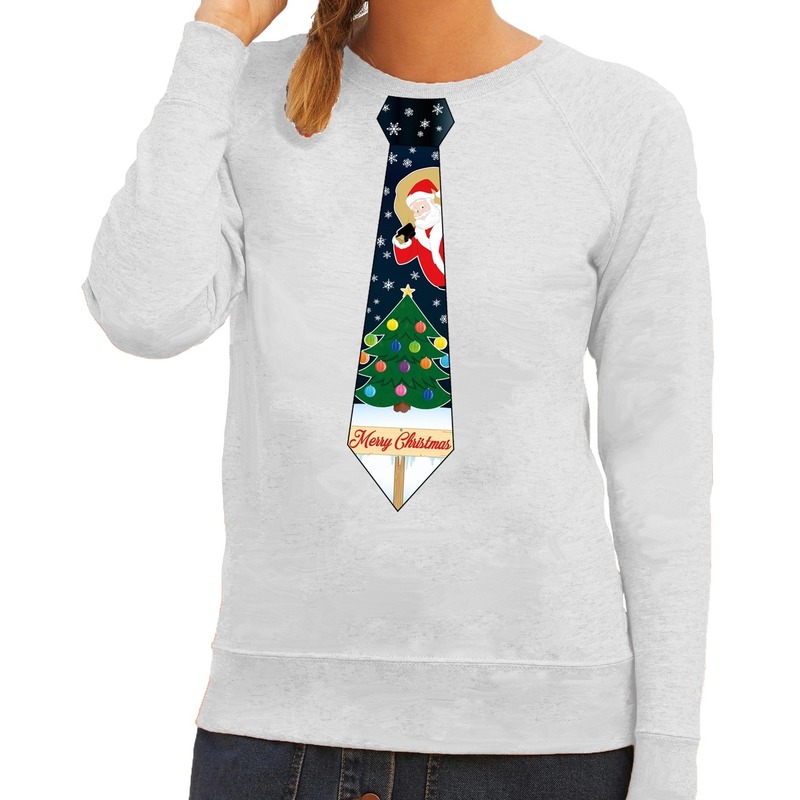 Foute kersttrui stropdas met kerst print grijs voor dames