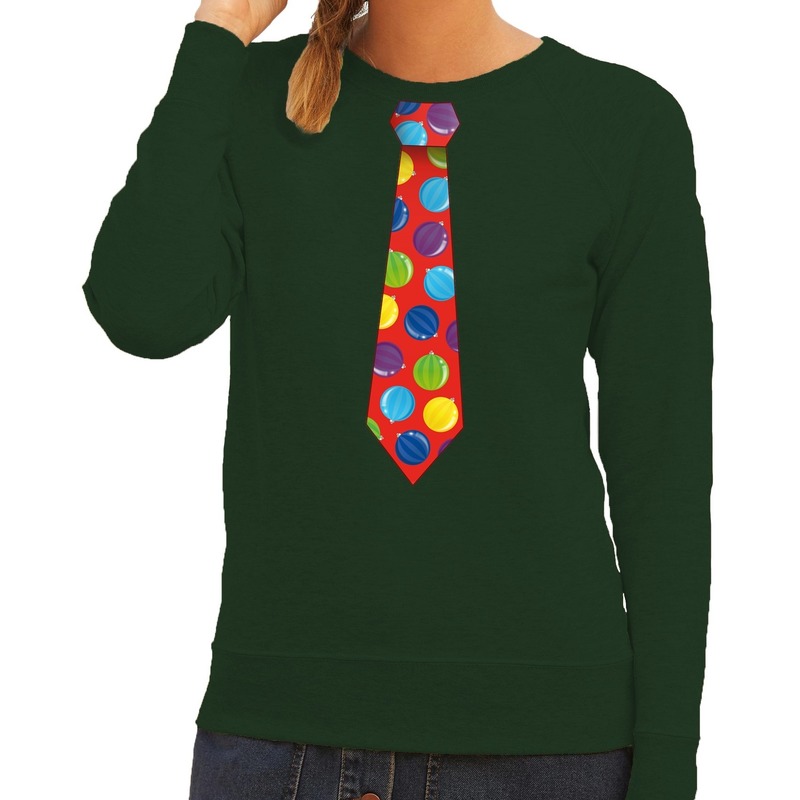 Foute kersttrui stropdas met kerstballen print groen voor dames