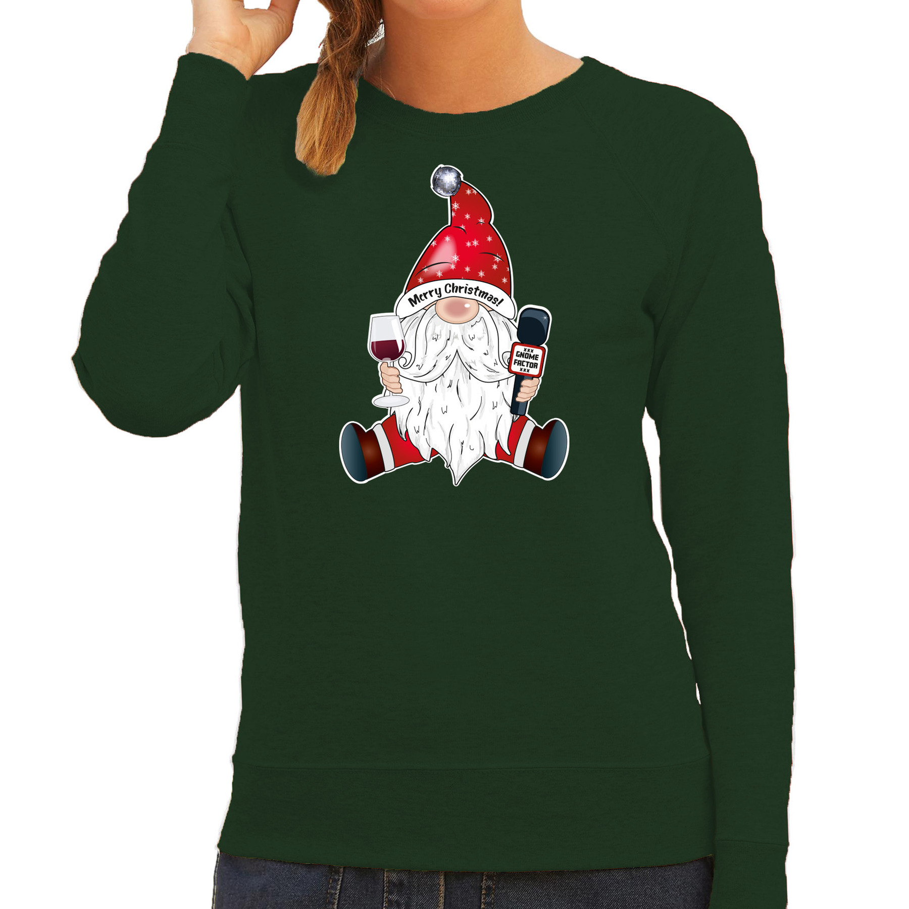Foute kersttrui-sweater voor dames karaoke gnoom groen kerstkabouter zingen