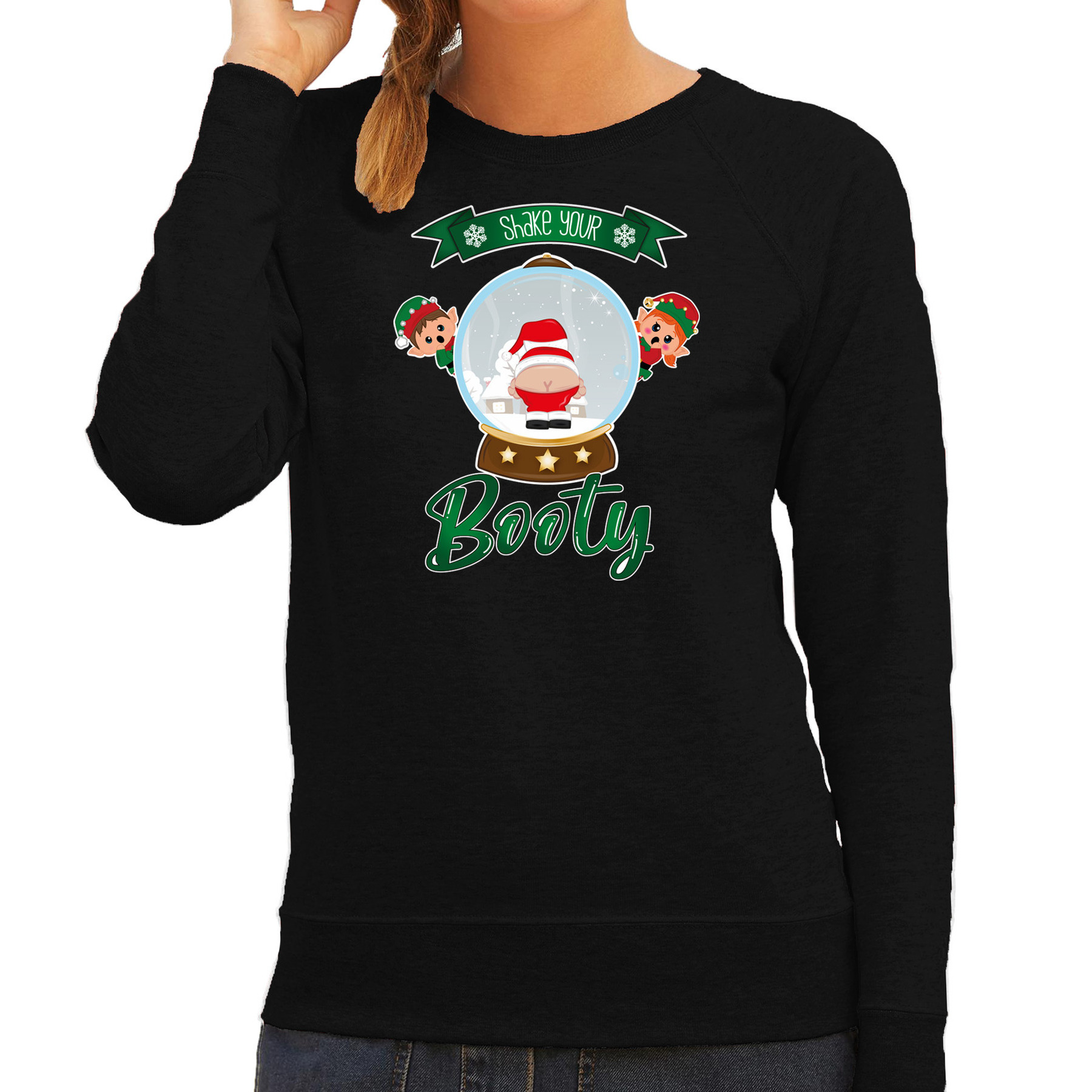 Foute Kersttrui-sweater voor dames Kerstman sneeuwbol zwart Shake Your Booty