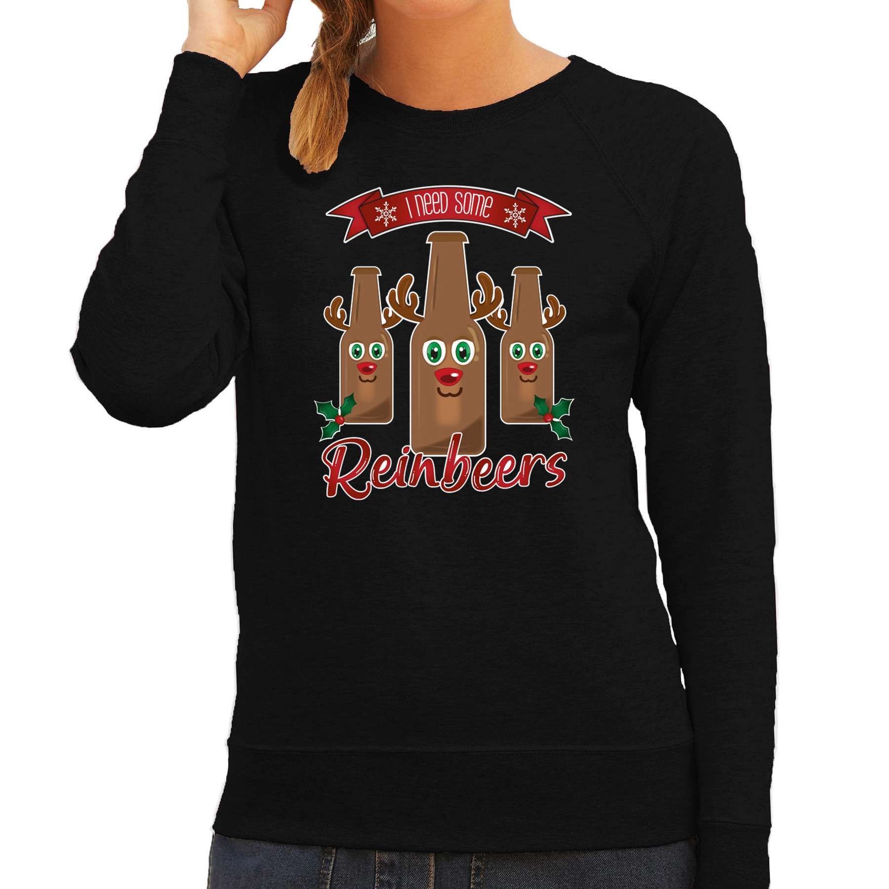 Foute Kersttrui-sweater voor dames Rudolf Reinbeers zwart rendier-bier