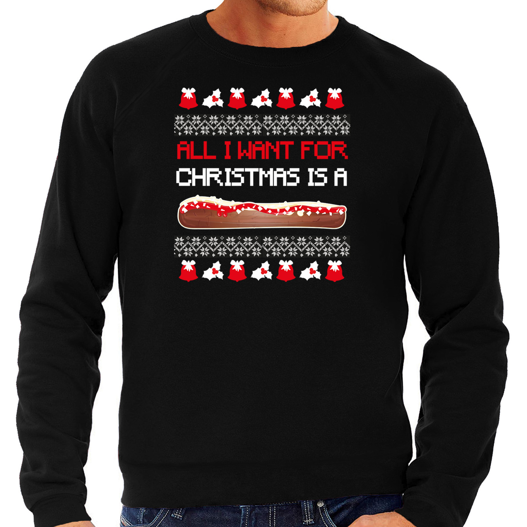 Foute Kersttrui-sweater voor heren Frikandel speciaal zwart Frituur snack