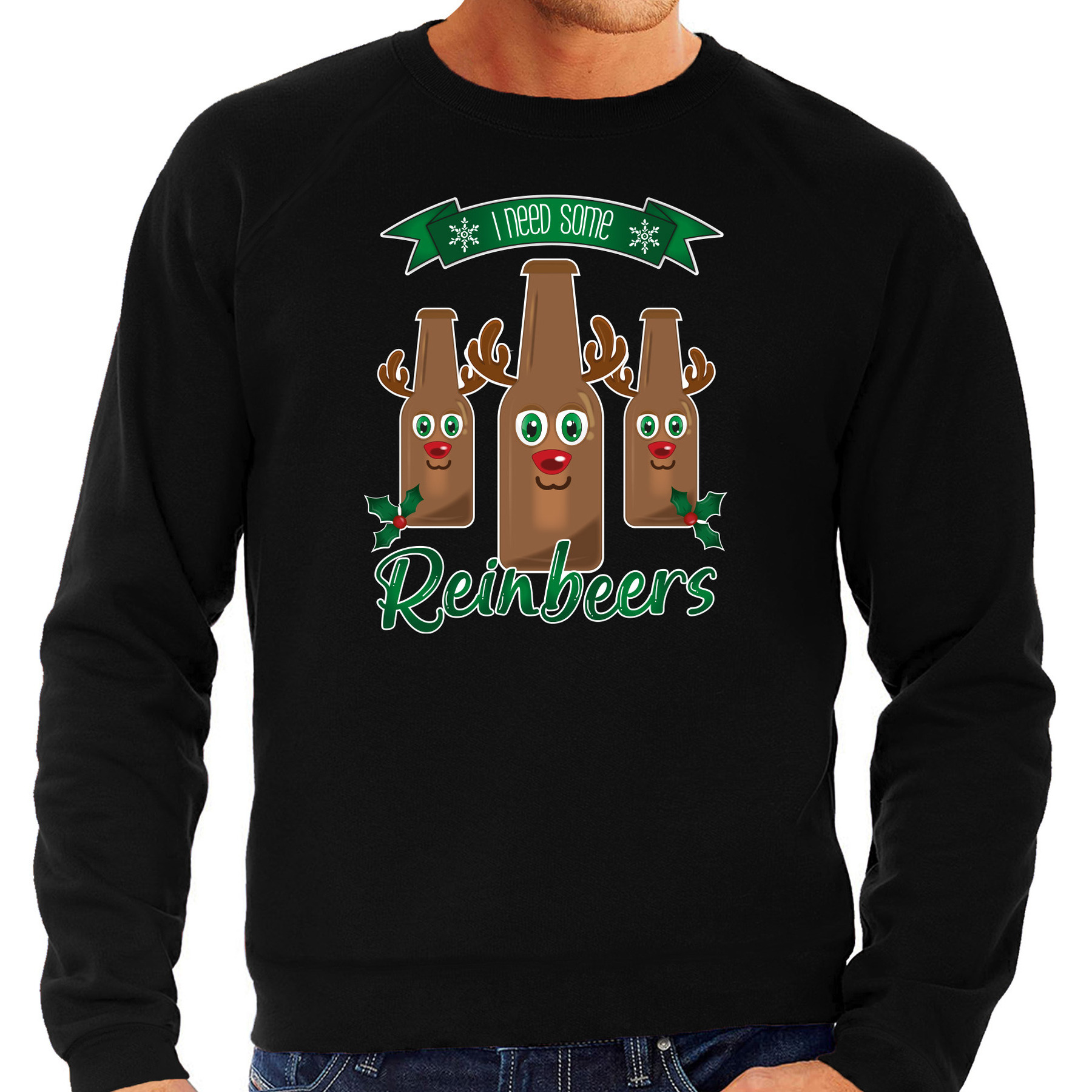 Foute Kersttrui-sweater voor heren Rudolf Reinbeers zwart rendier-bier
