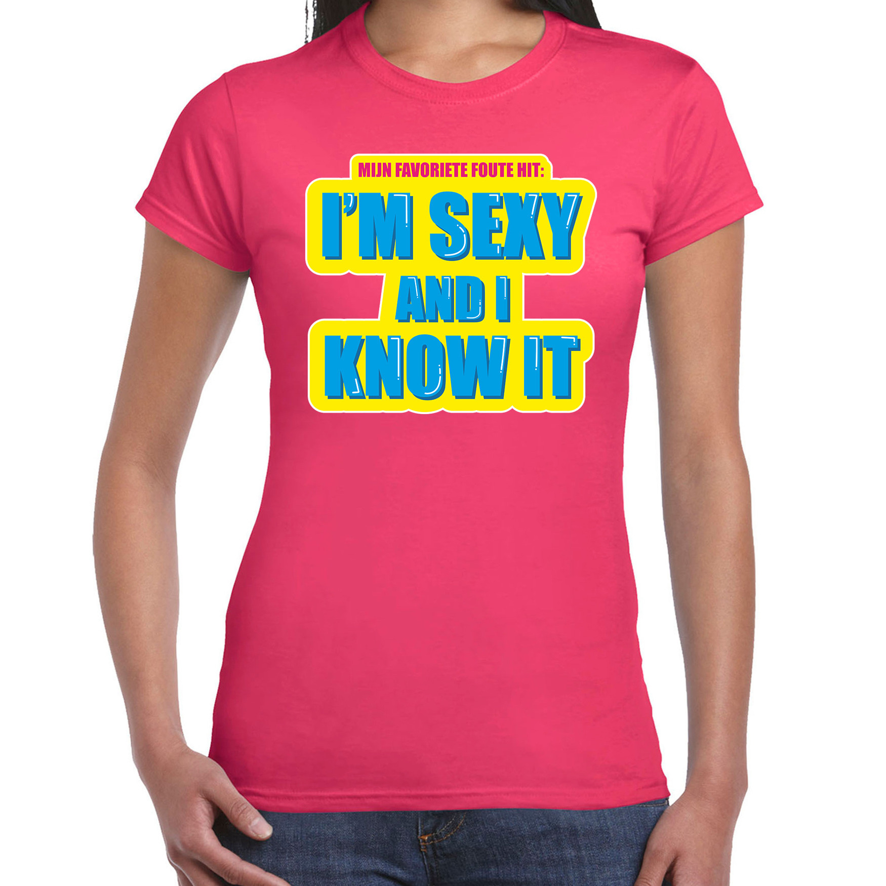 Foute party I m sexy and i know it verkleed t-shirt roze dames Foute party hits outfit- kleding