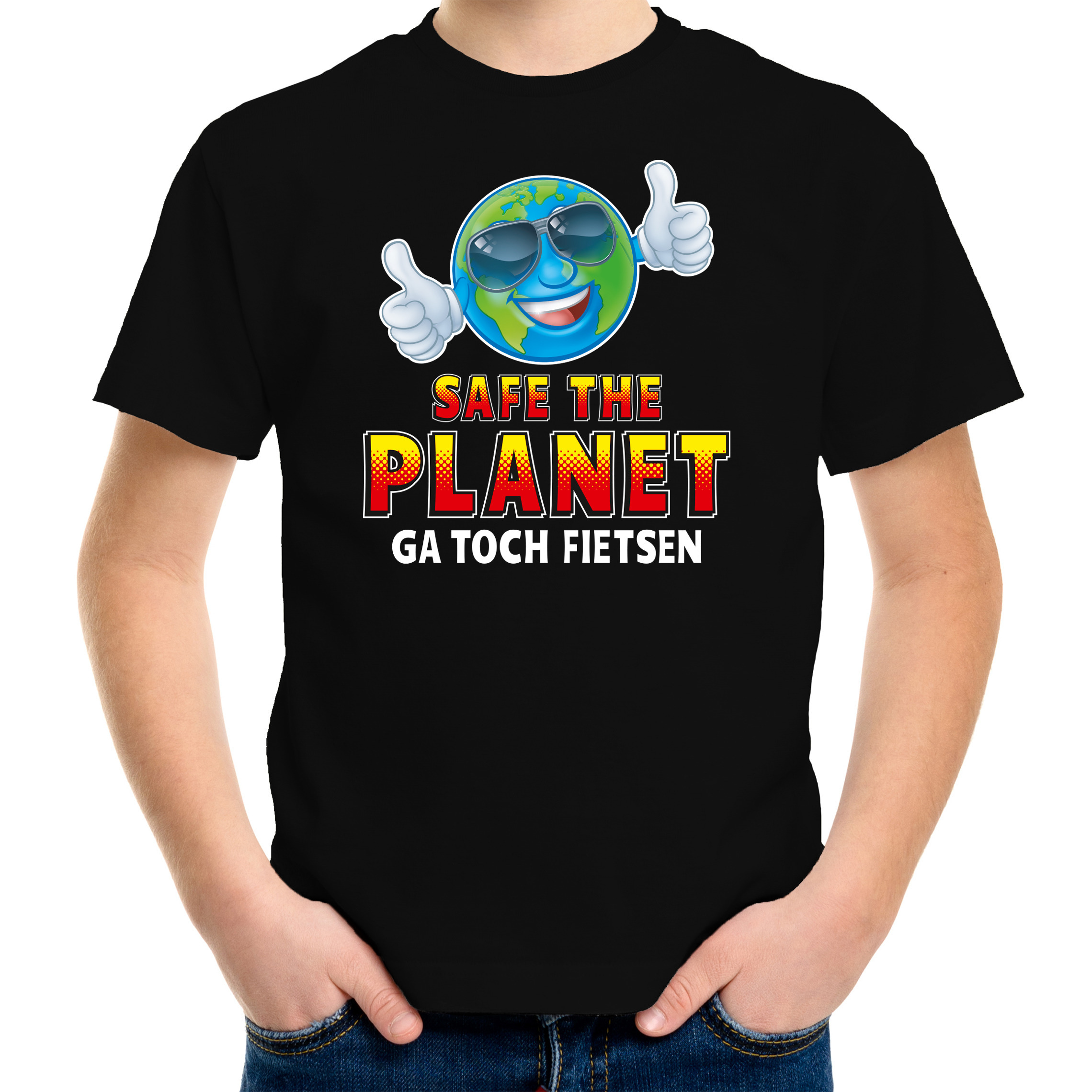 Funny emoticon t-shirt safe the planet zwart voor kids