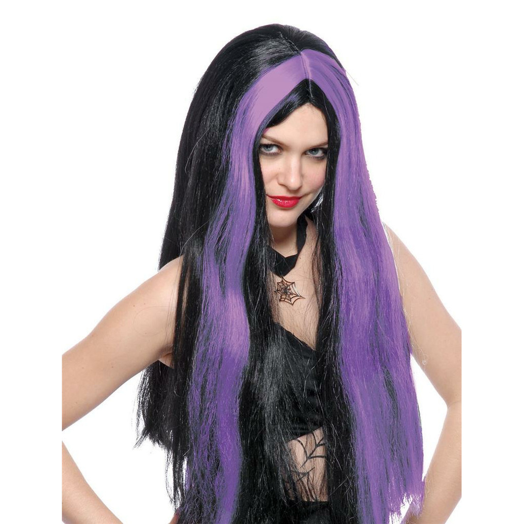 Funny Fashion Heksenpruik lang haar zwart-paars dames Halloween