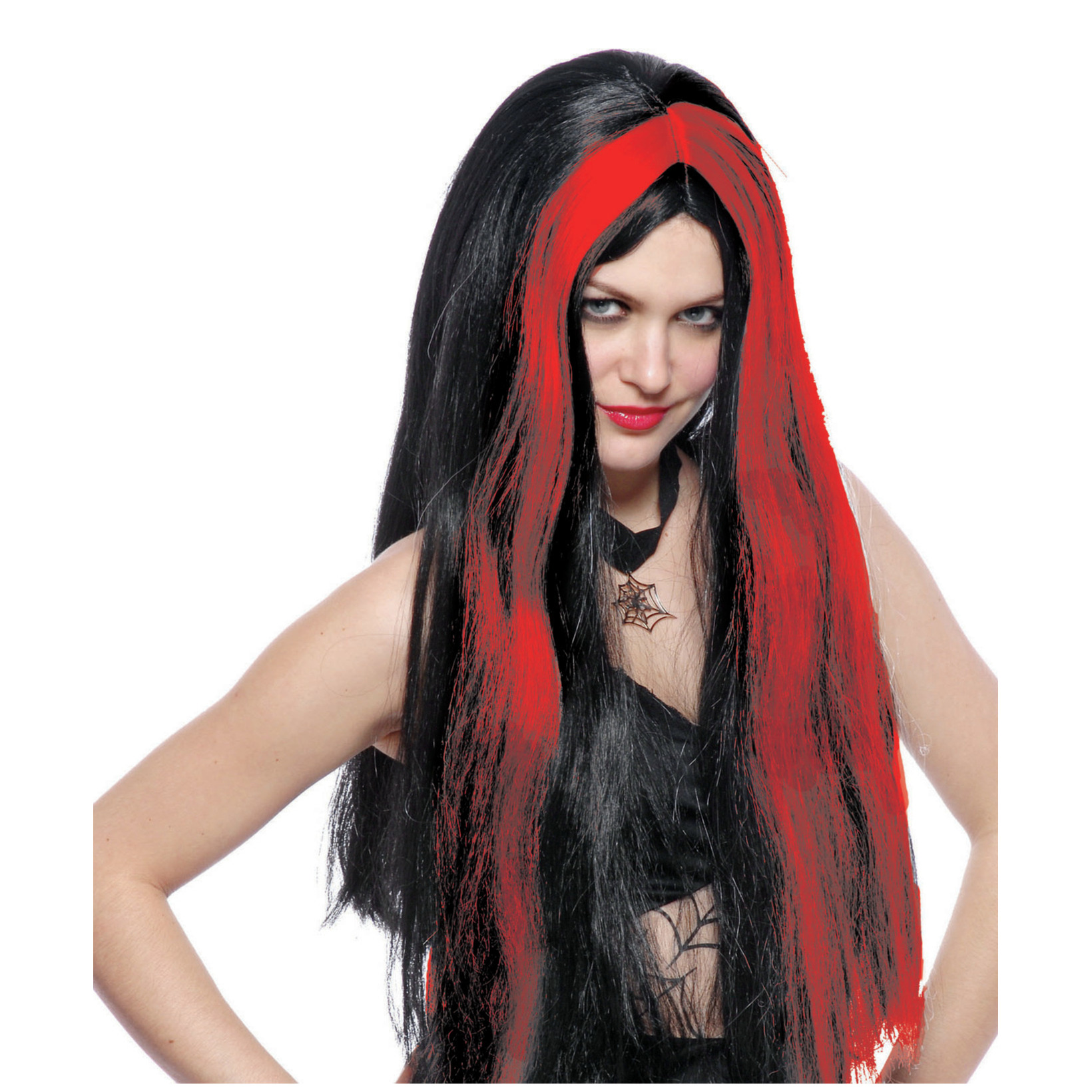 Funny Fashion Heksenpruik lang haar zwart-rood dames Halloween