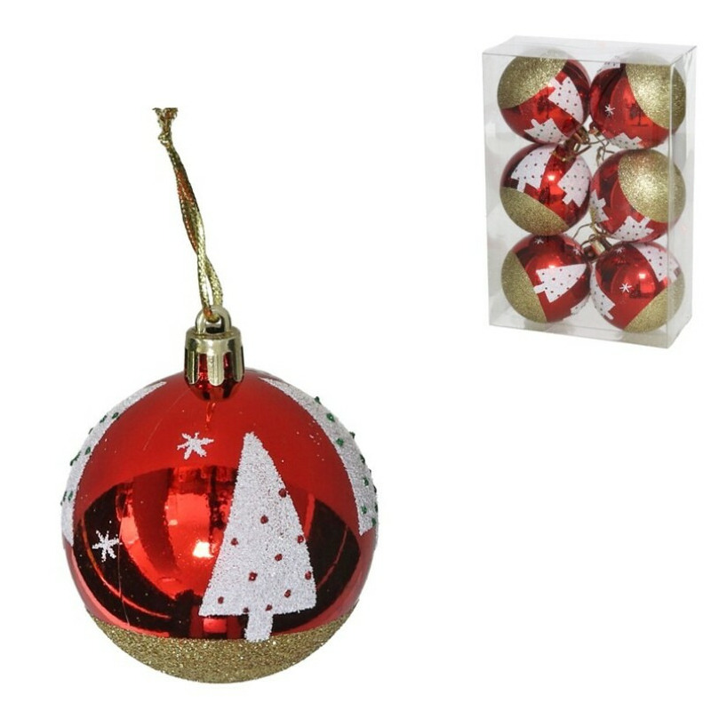 Gedecoreerde kerstballen 6x st 6 cm kunststof rood met kerstboom
