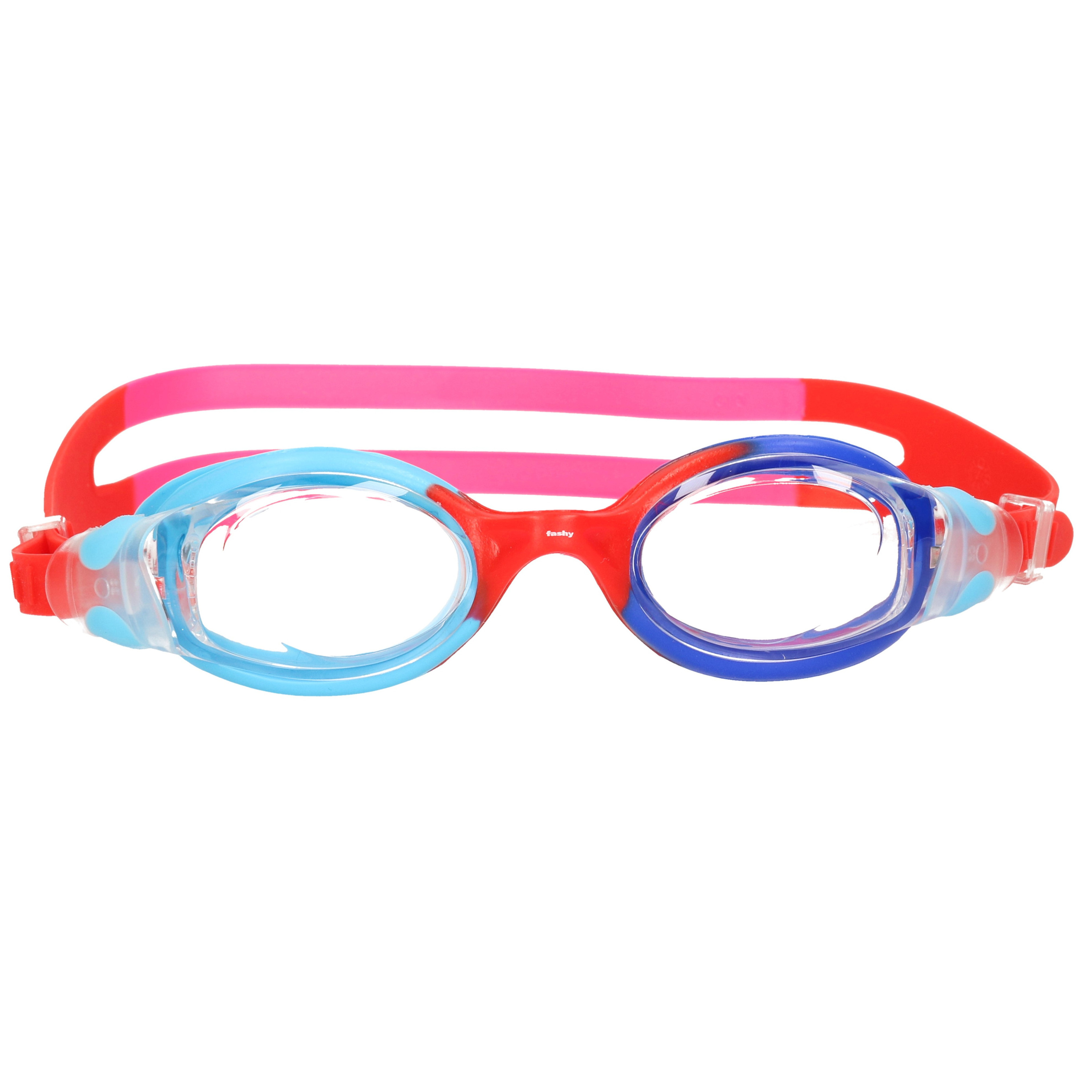Gekleurde kinder zwembril 4-7 jaar rood-roze-blauw in opbergdoosje