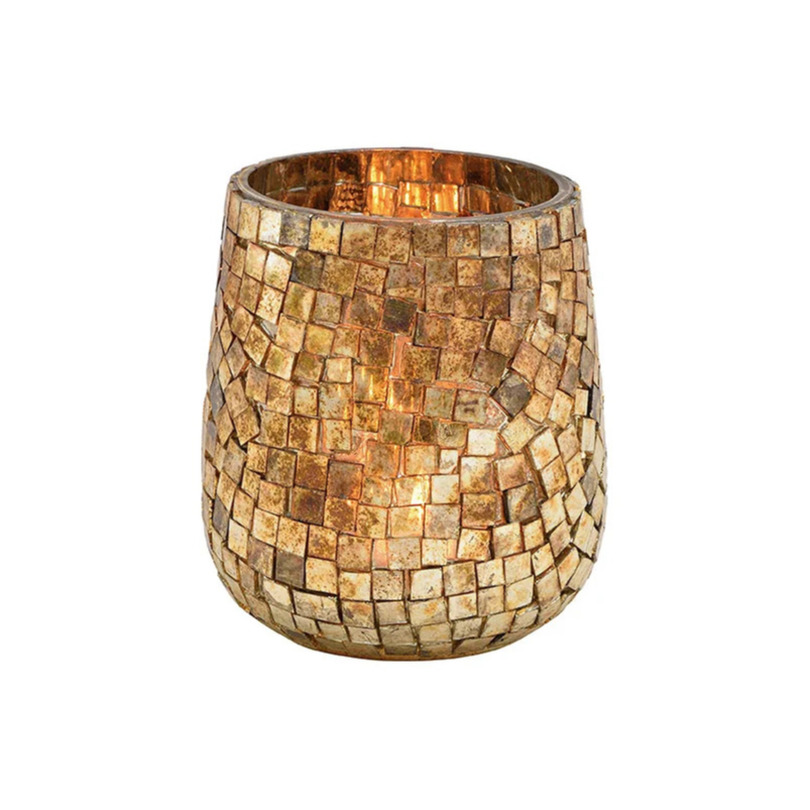 Glazen design windlicht-kaarsenhouder mozaiek champagne goud 11 x 10 cm
