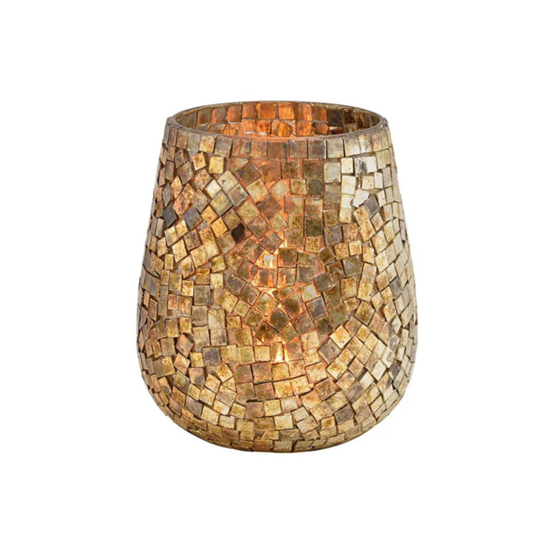 Glazen design windlicht-kaarsenhouder mozaiek champagne goud 15 x 13 cm