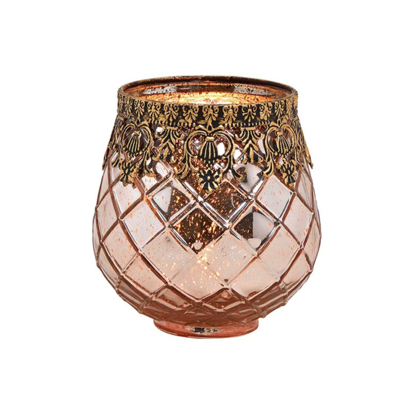 Glazen design windlicht-kaarsenhouder rose goud 13 x 14 x 13 cm