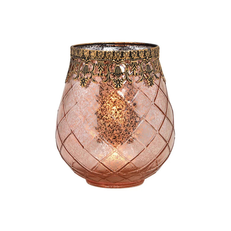 Glazen design windlicht-kaarsenhouder rose goud 16 x 18 x 16 cm