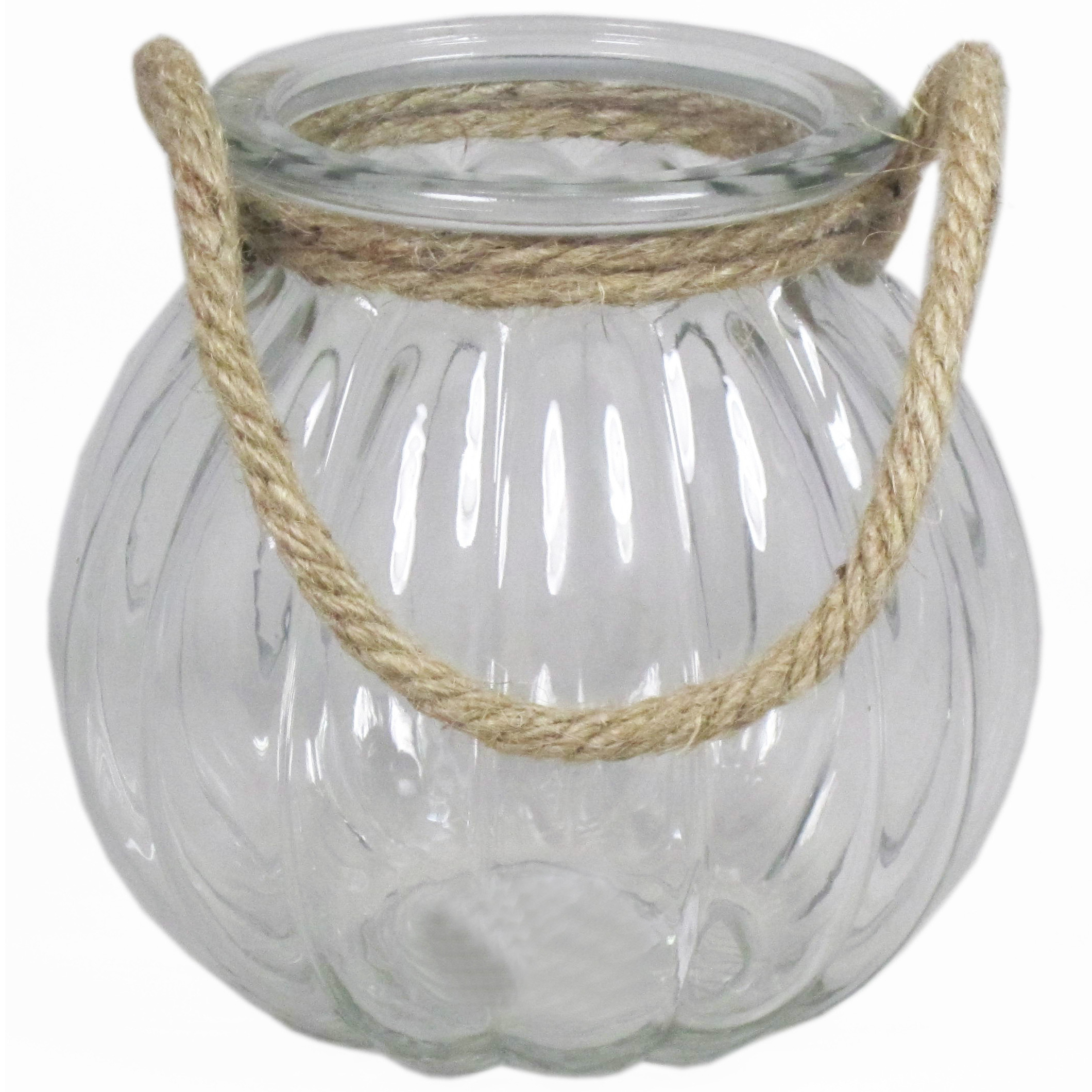 Glazen ronde windlicht 2 liter met touw hengsel-handvat 14,5 x 14,5 cm