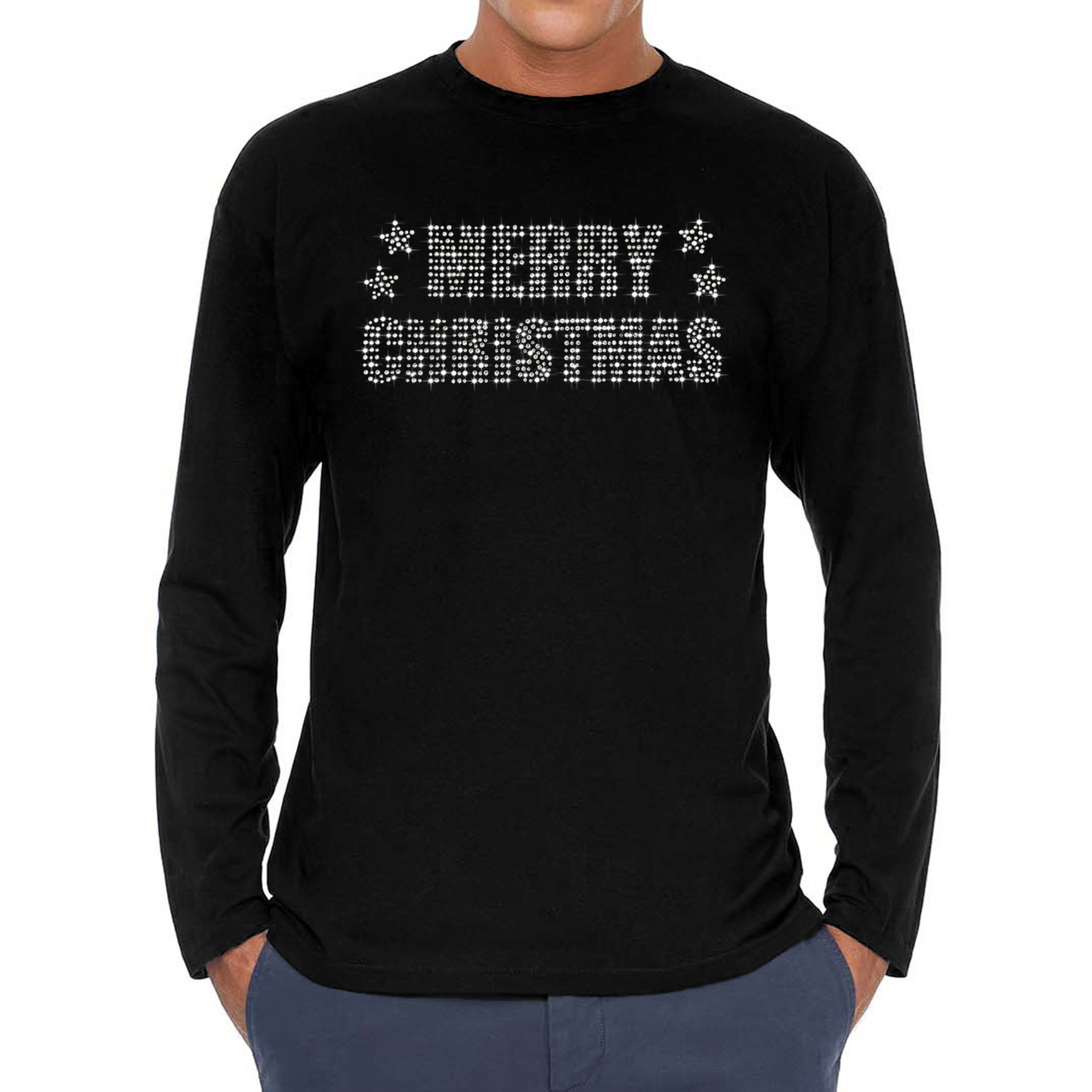 Glitter kerst longsleeve shirt zwart Merry Christmas glitter steentjes voor heren Lange mouwen