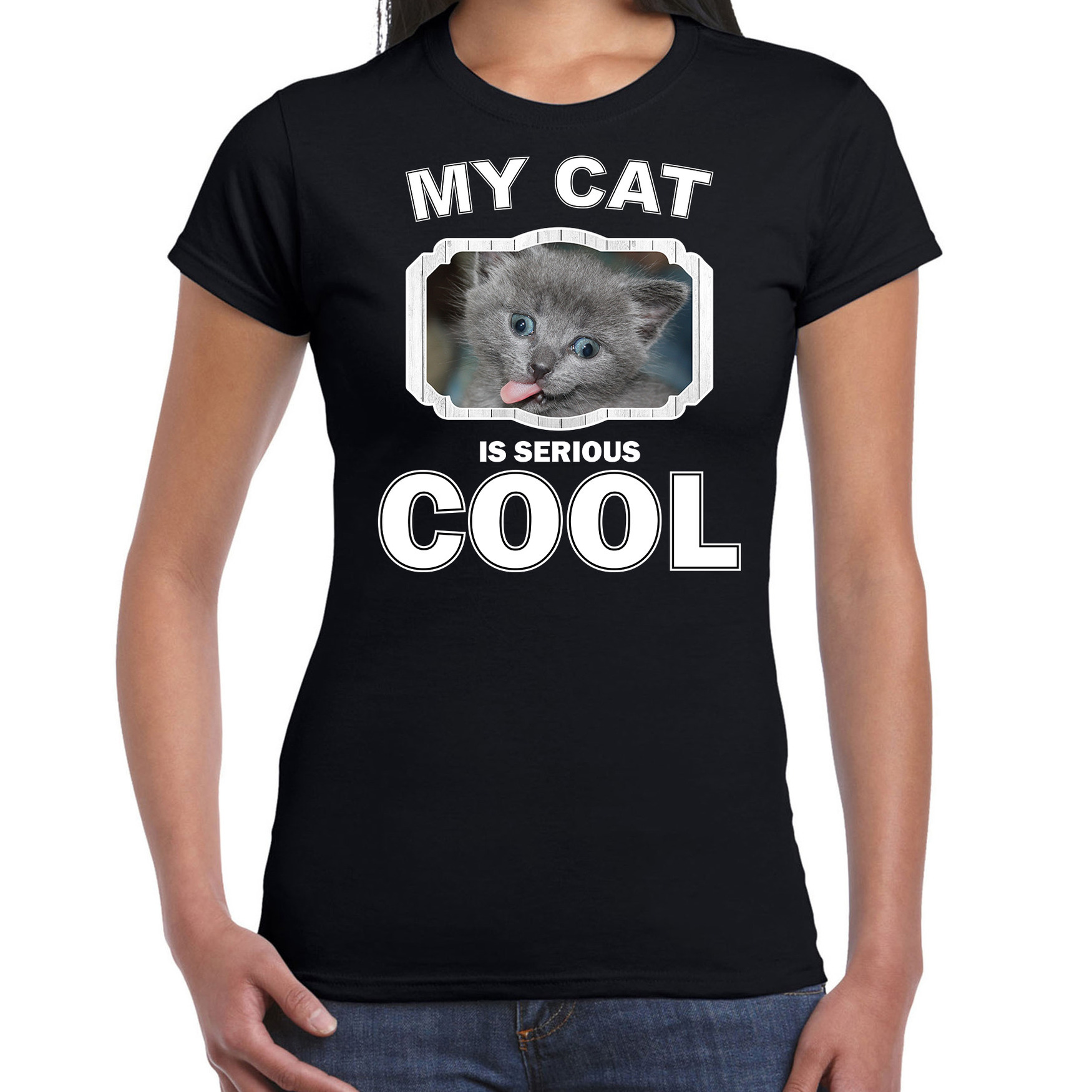Grijze kat katten-poezen t-shirt my cat is serious cool zwart voor dames