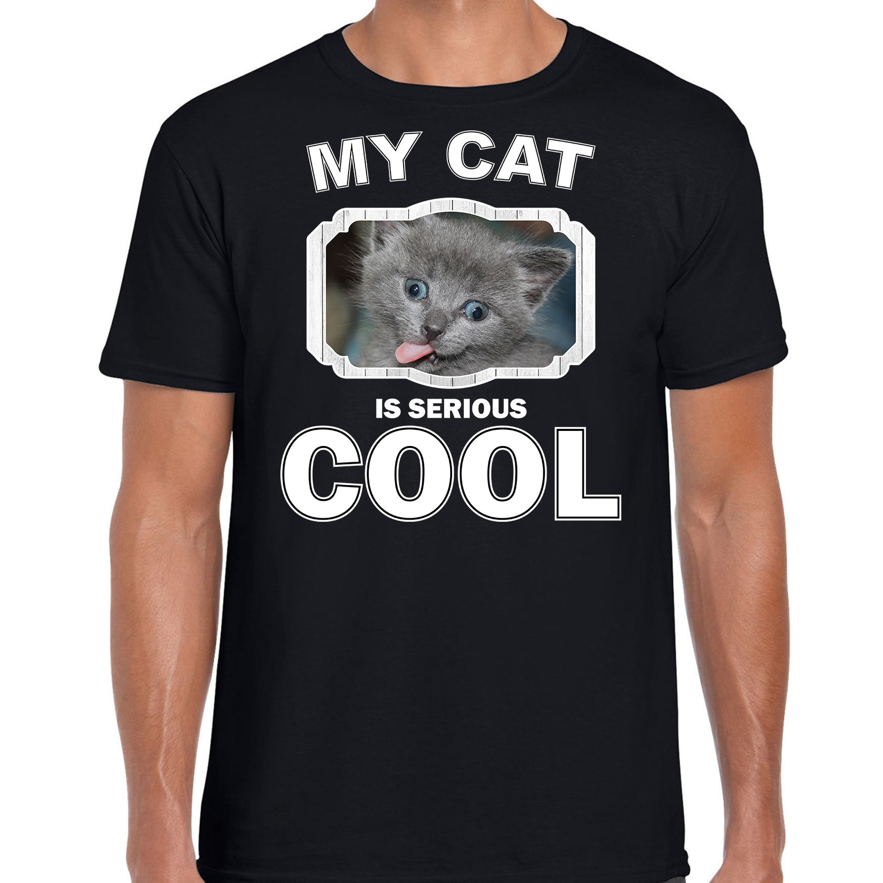 Grijze kat katten-poezen t-shirt my cat is serious cool zwart voor heren