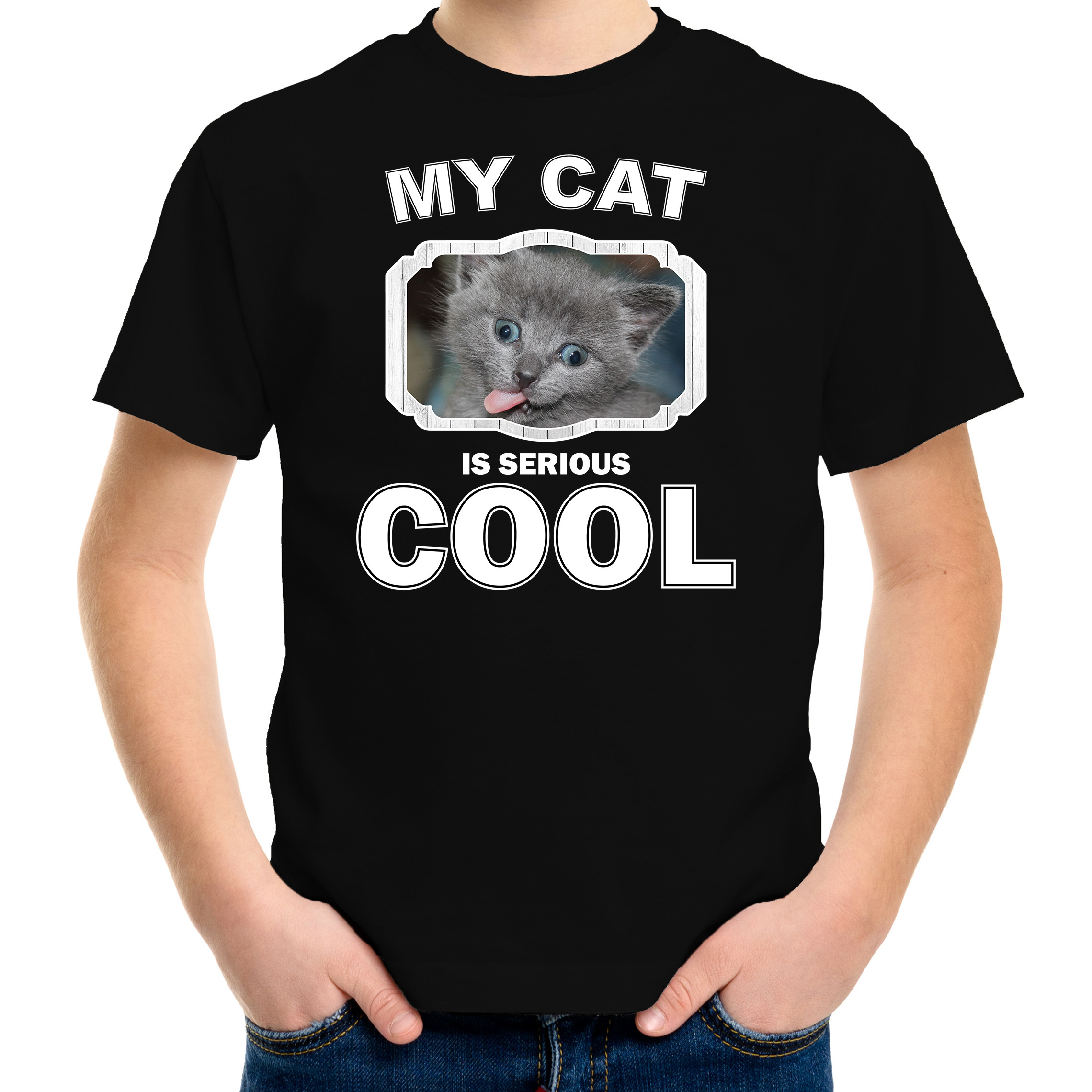Grijze kat katten / poezen t-shirt my cat is serious cool zwart voor kinderen