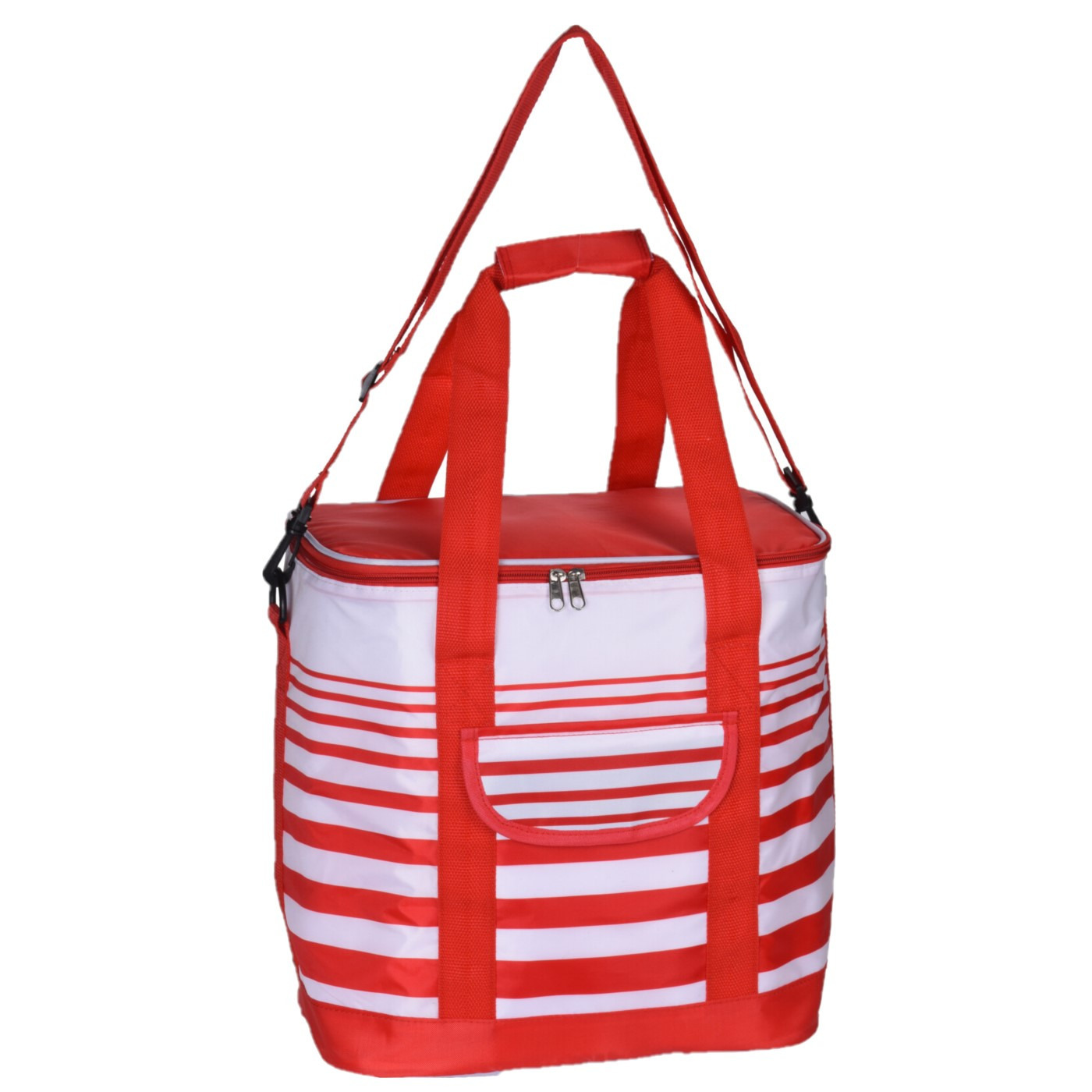 Grote koeltas draagtas schoudertas rood-wit gestreept 33 x 23 x 36 cm 24 liter