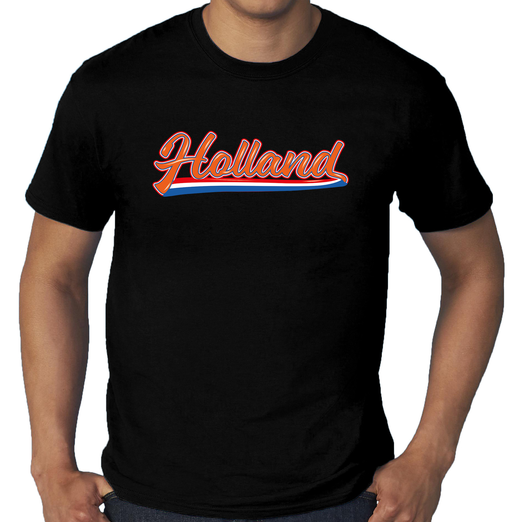 Grote maten zwart t-shirt Holland-Nederland supporter Holland met Nederlandse wimpel EK-WK heren