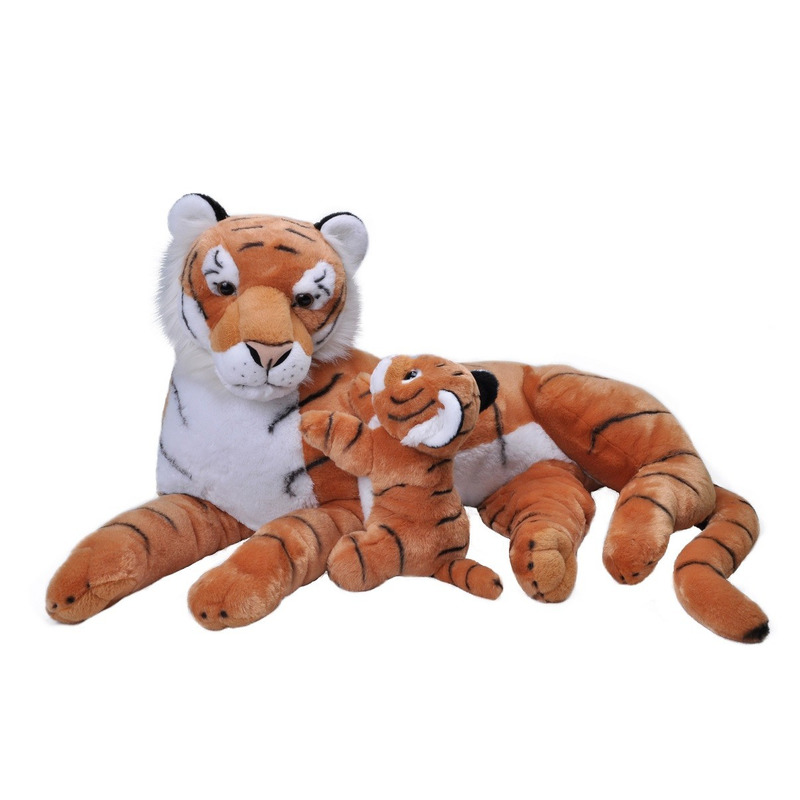 Grote pluche gestreepte tijger met welpje knuffel 76 cm speelgoe