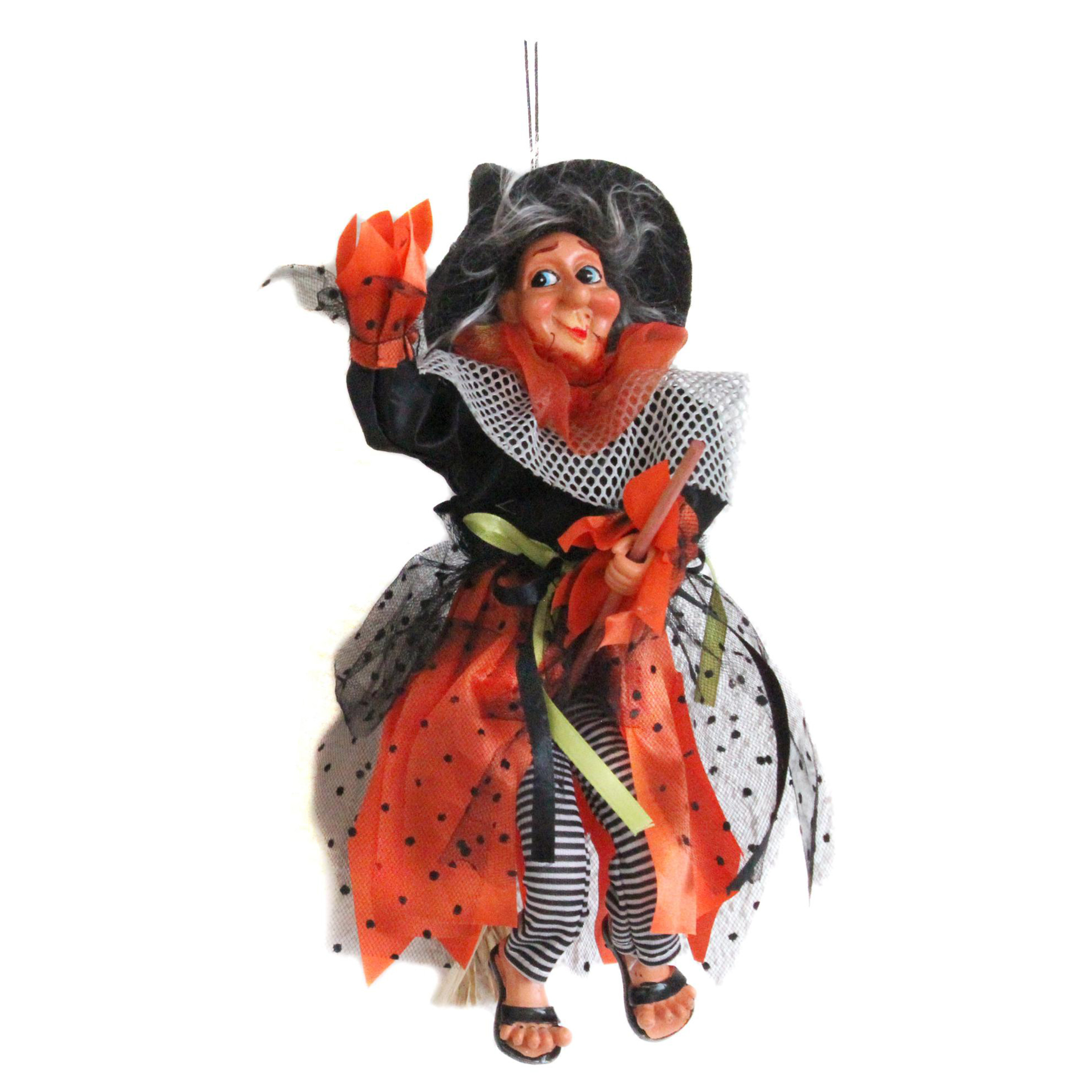 Halloween decoratie heksen pop op bezem 25 cm zwart-oranje