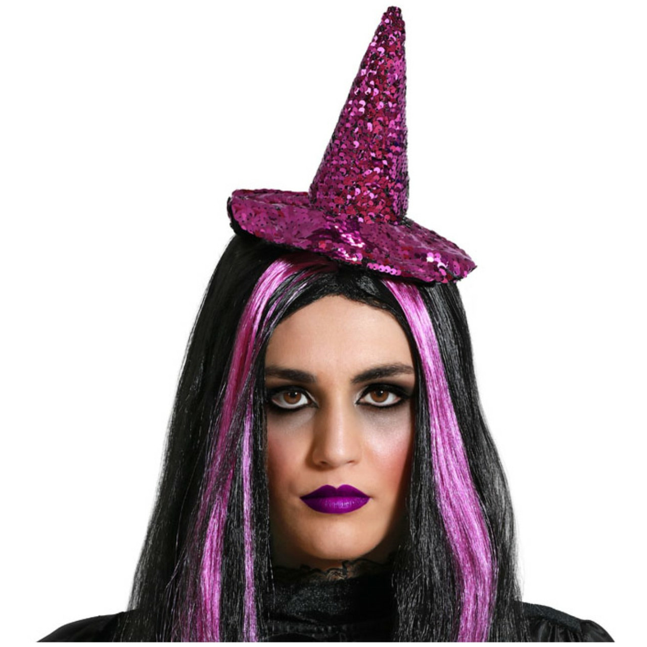 Halloween heksenhoed mini hoedje op diadeem one size paars glitter meisjes-dames