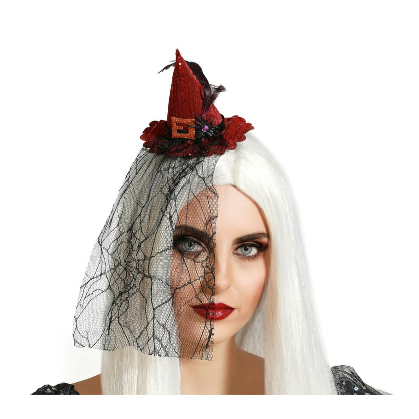 Halloween heksenhoed mini hoedje op diadeem one size rood met sluier meisjes-dames