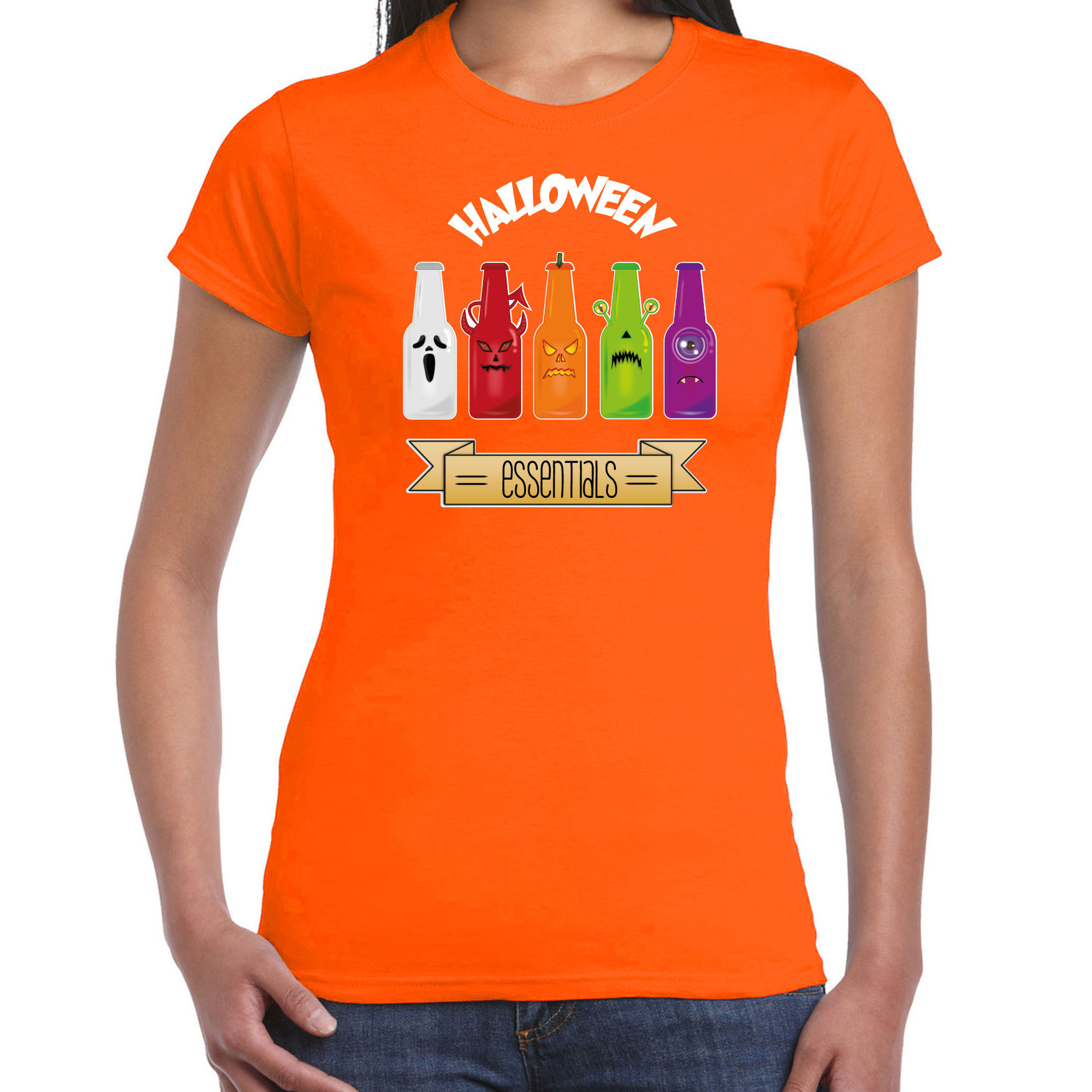Halloween verkleed t-shirt dames bier monster oranje themafeest outfit