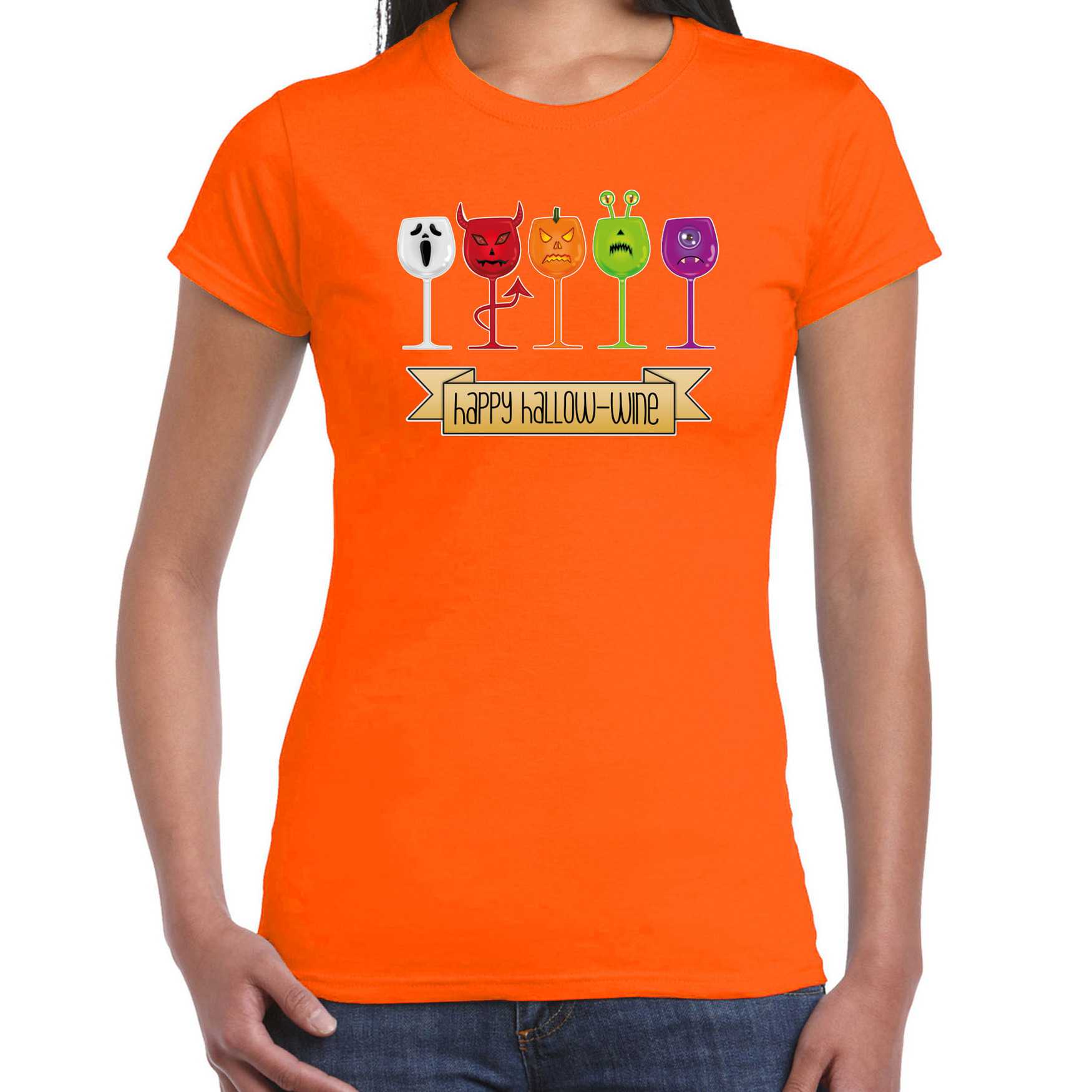 Halloween verkleed t-shirt dames wijn monster oranje themafeest outfit